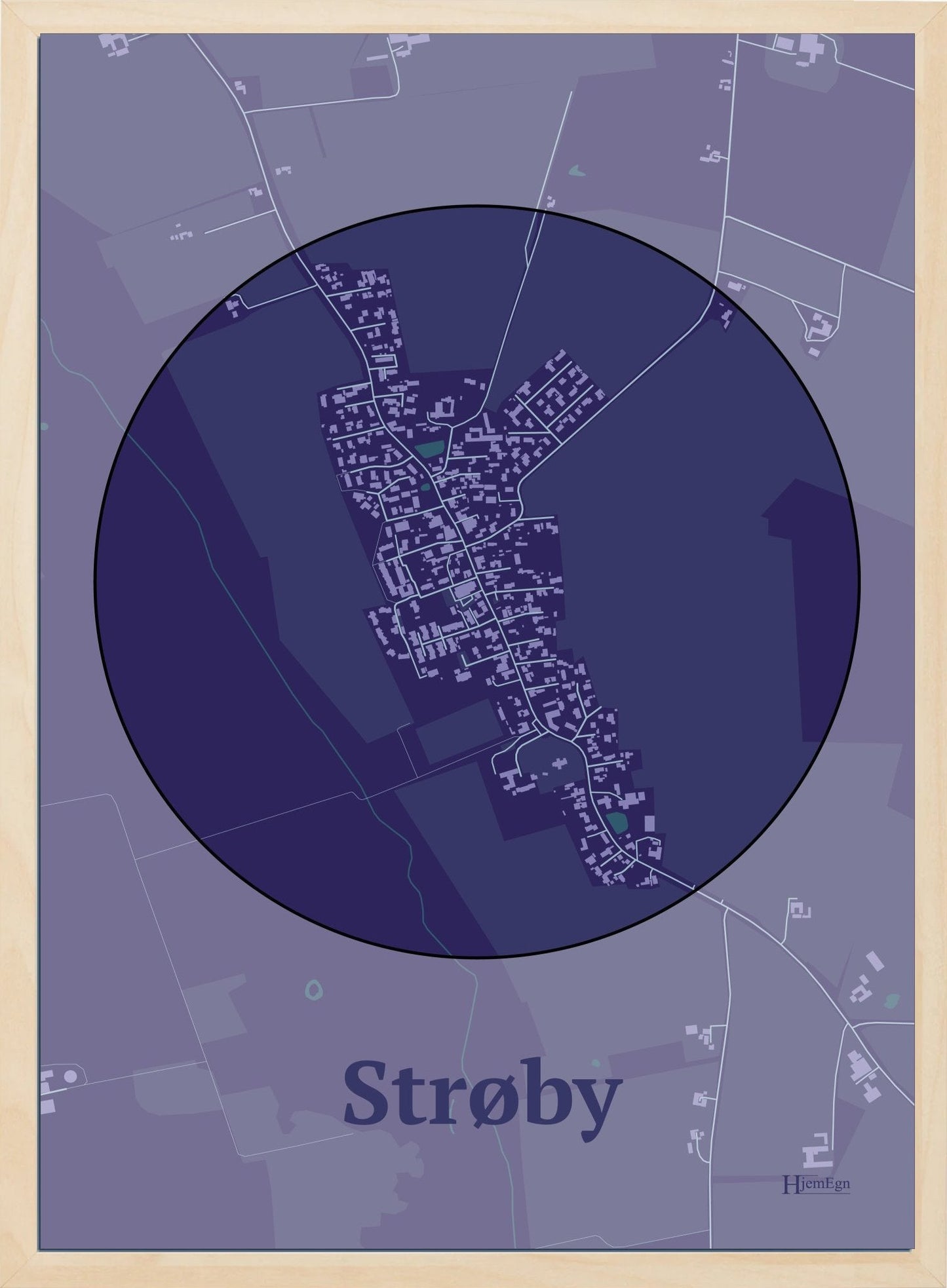 Strøby plakat i farve mørk lilla og HjemEgn.dk design centrum. Design bykort for Strøby