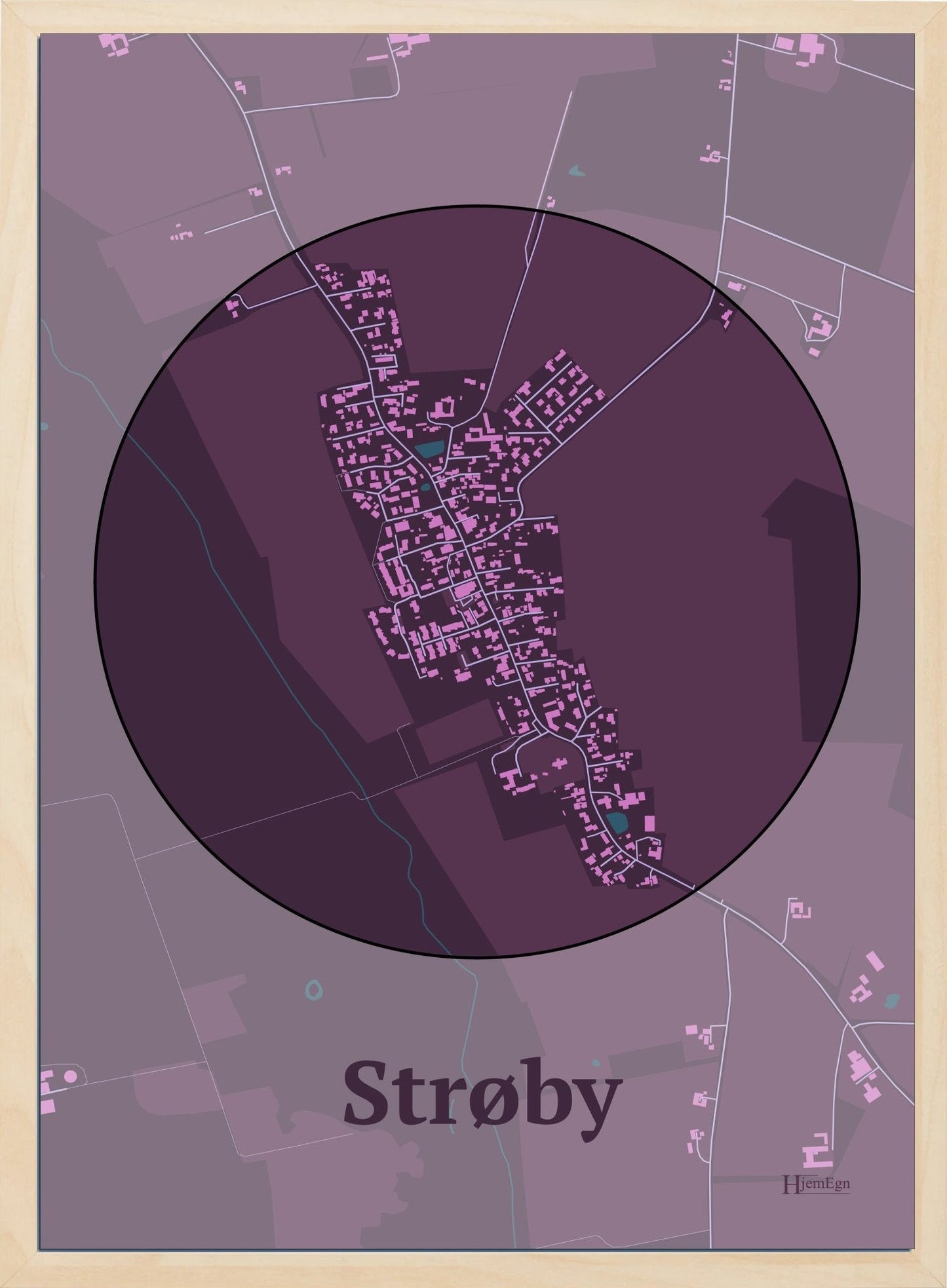 Strøby plakat i farve mørk rød og HjemEgn.dk design centrum. Design bykort for Strøby