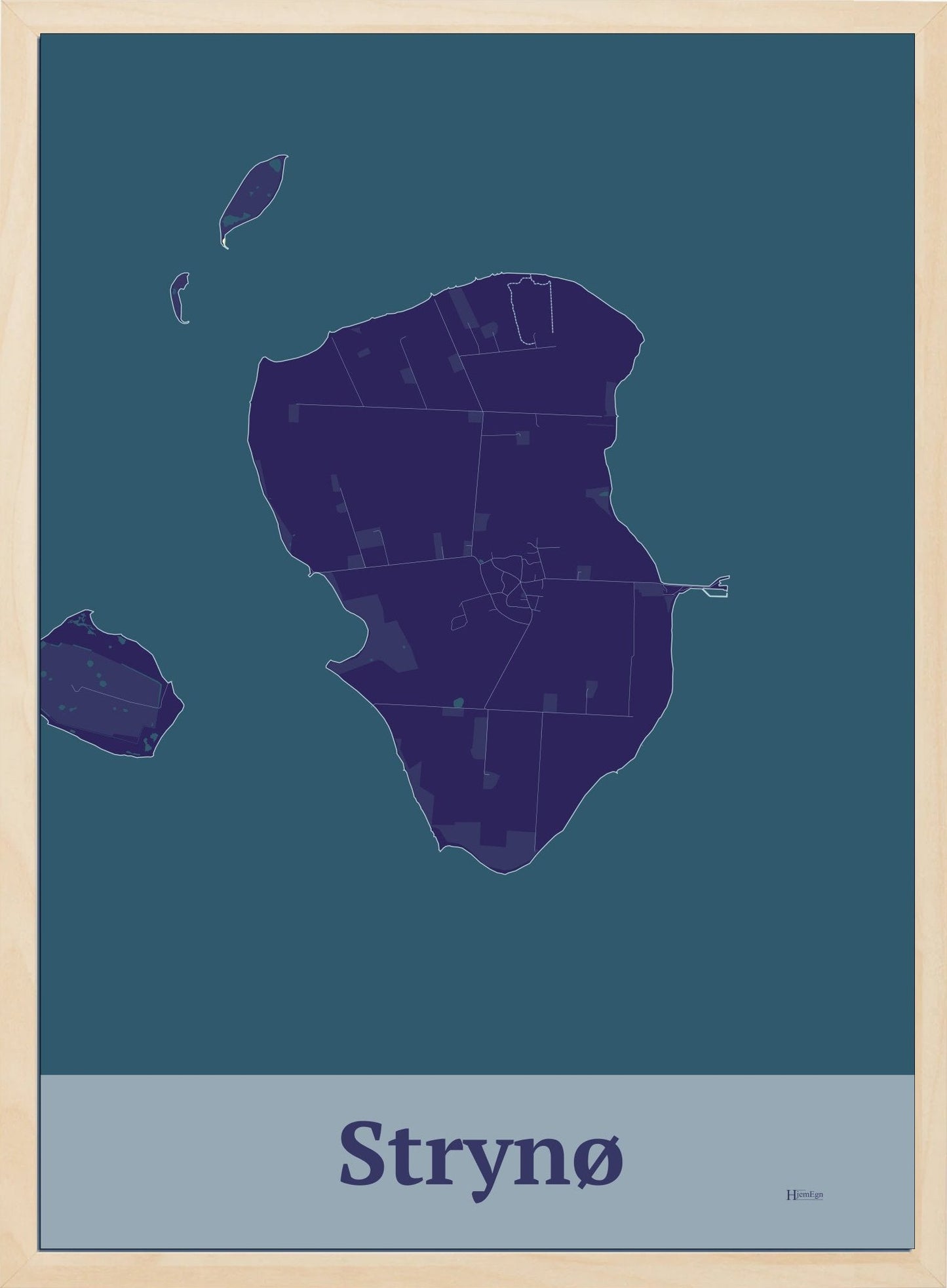 Strynø plakat i farve mørk lilla og HjemEgn.dk design firkantet. Design ø-kort for Strynø