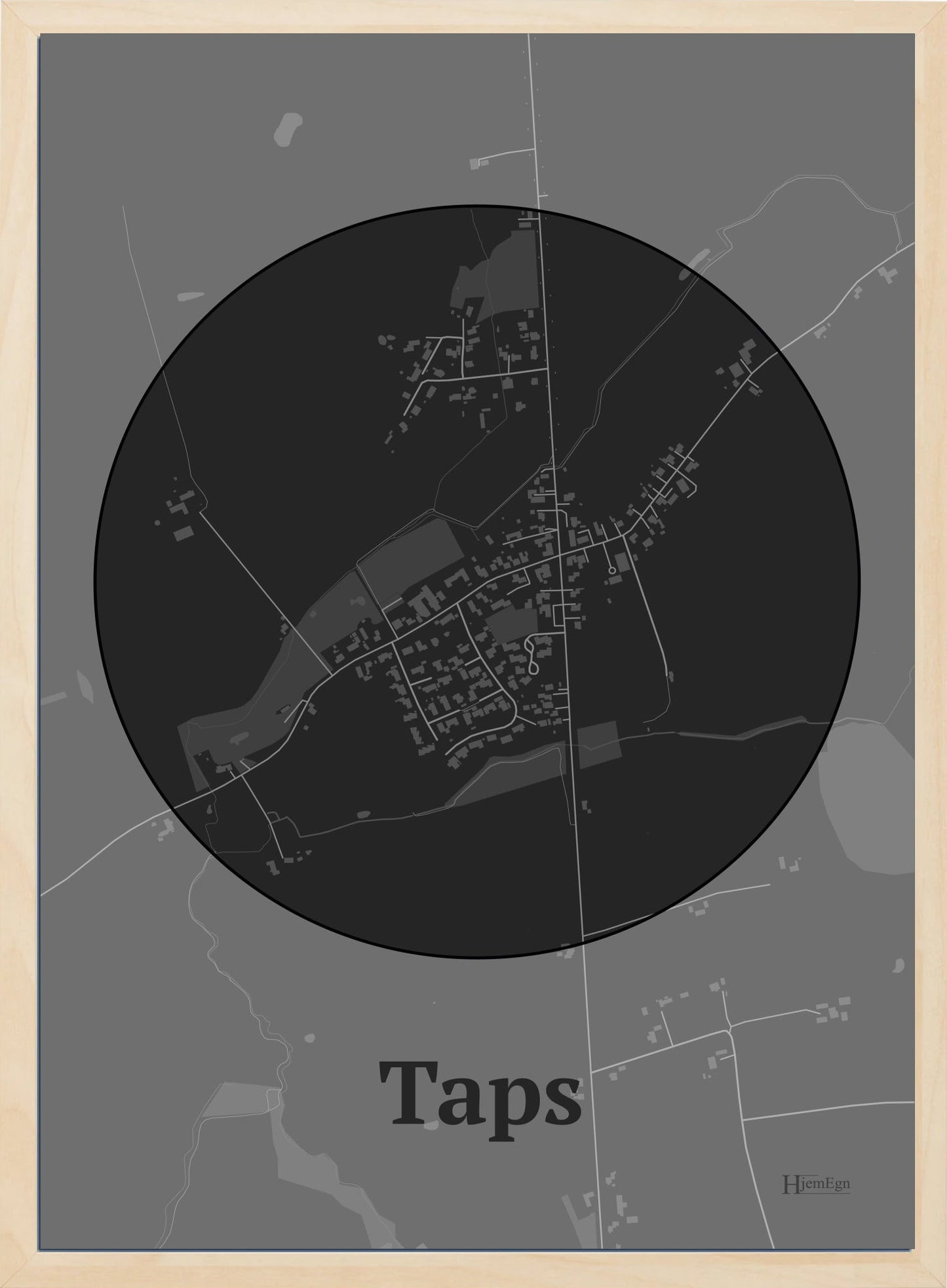 Taps plakat i farve mørk grå og HjemEgn.dk design centrum. Design bykort for Taps