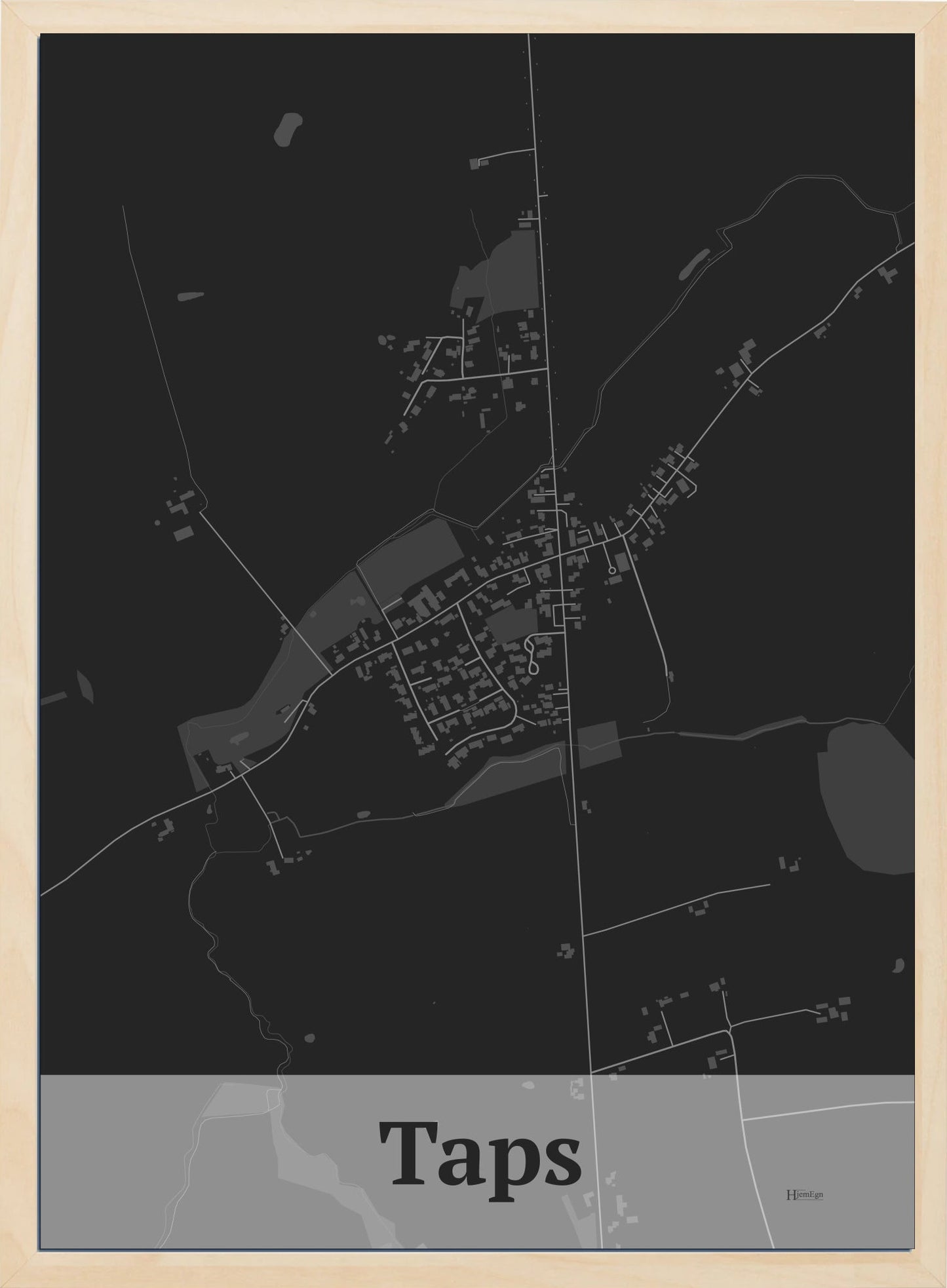 Taps plakat i farve mørk grå og HjemEgn.dk design firkantet. Design bykort for Taps