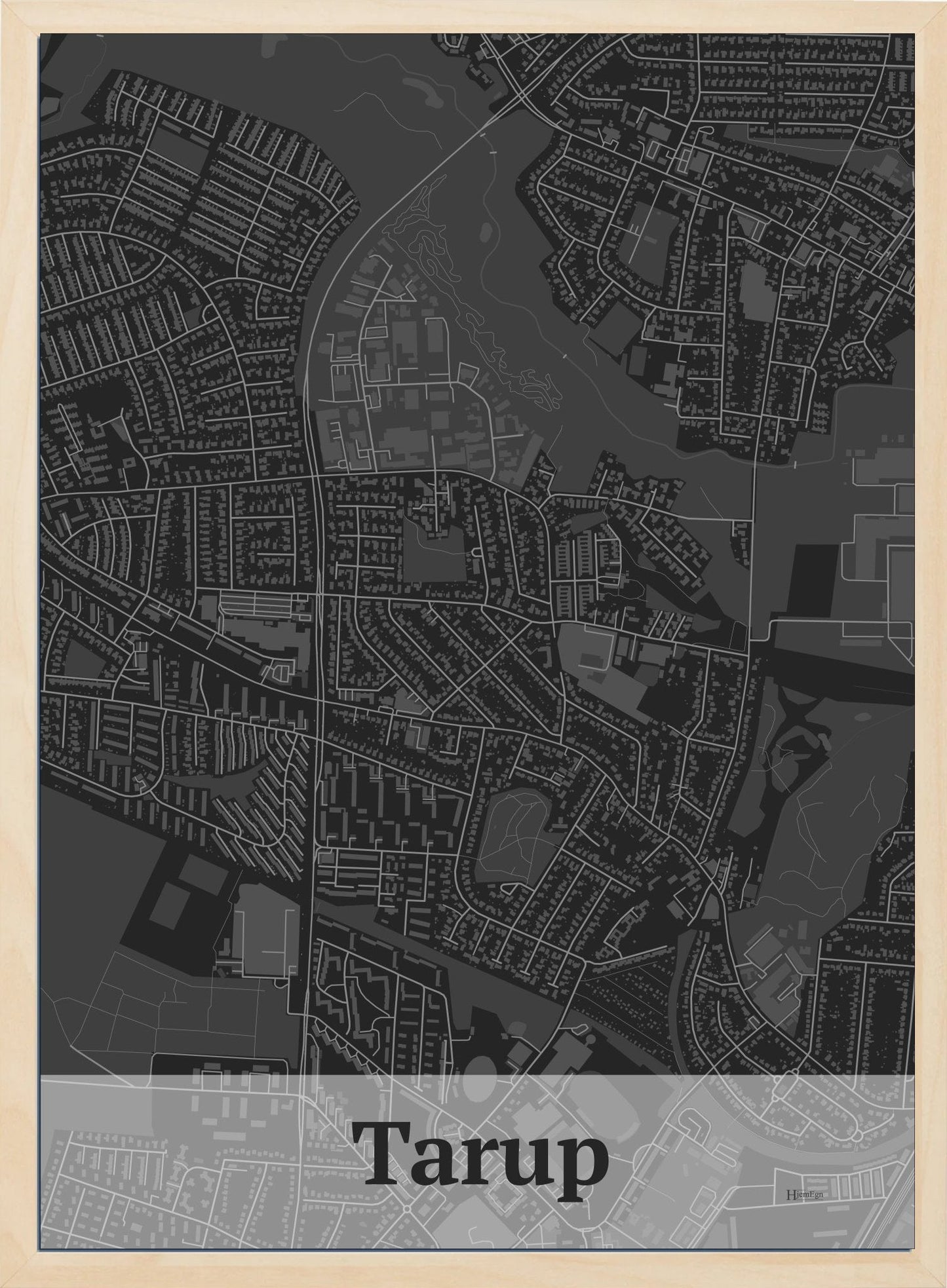 Tarup plakat i farve mørk grå og HjemEgn.dk design firkantet. Design bykort for Tarup