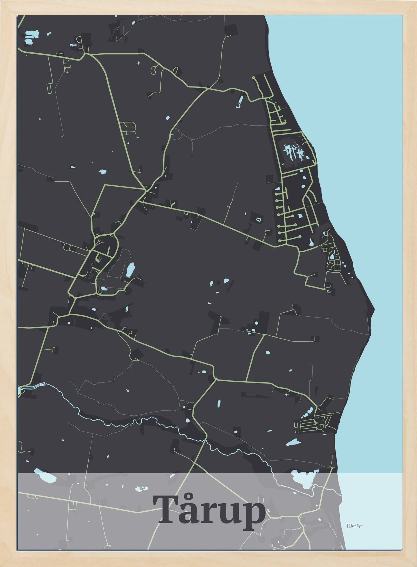 Tårup plakat i farve mørk brun og HjemEgn.dk design firkantet. Design bykort for Tårup