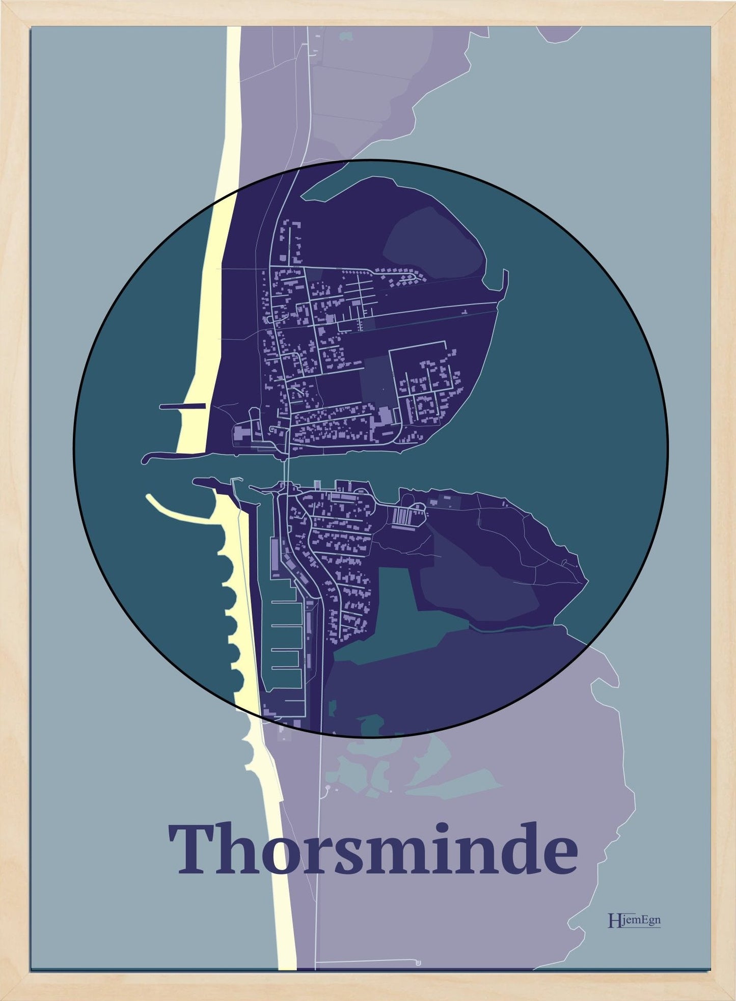 Thorsminde plakat i farve og HjemEgn.dk design centrum. Design bykort for Thorsminde