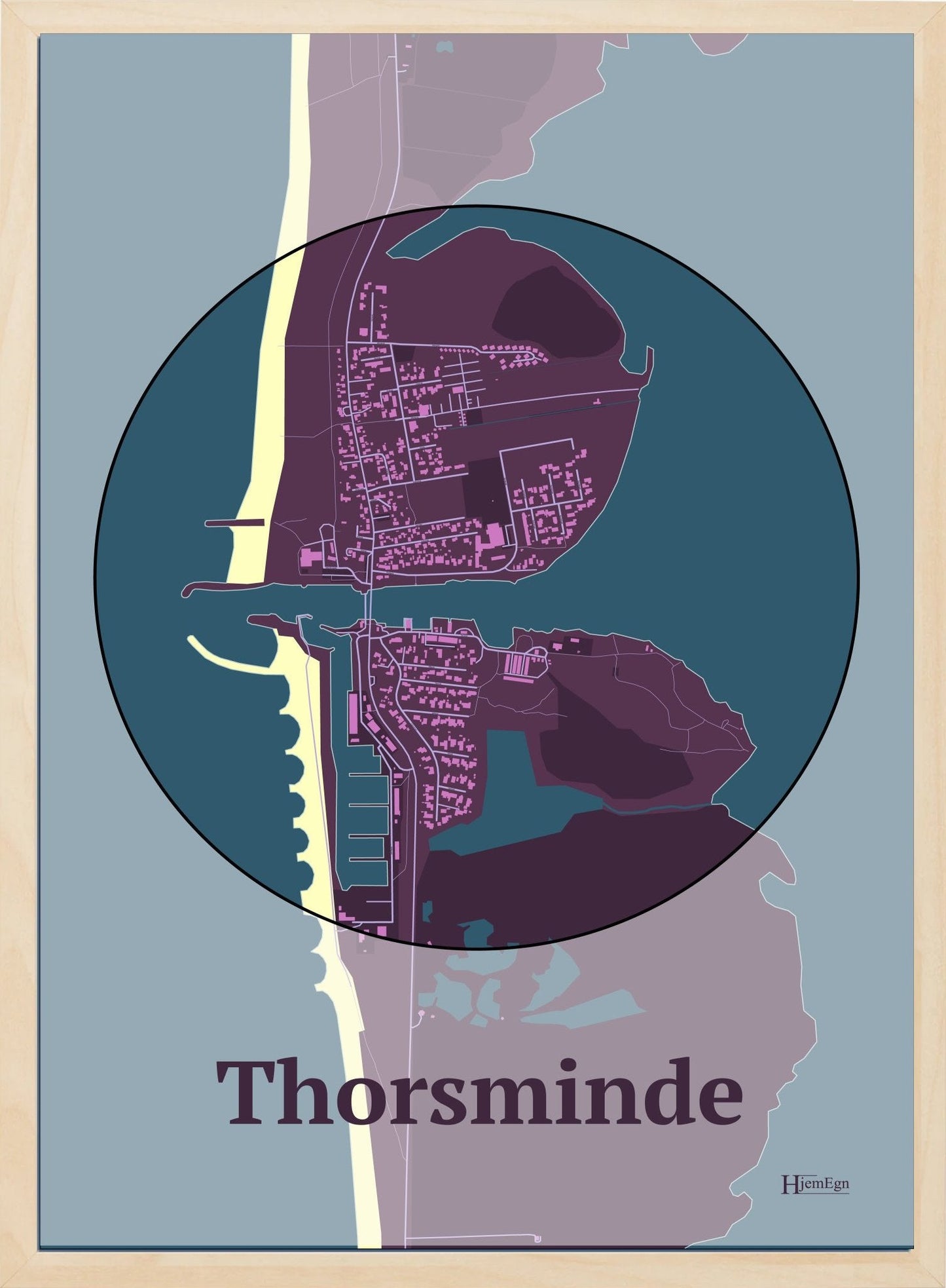 Thorsminde plakat i farve og HjemEgn.dk design centrum. Design bykort for Thorsminde