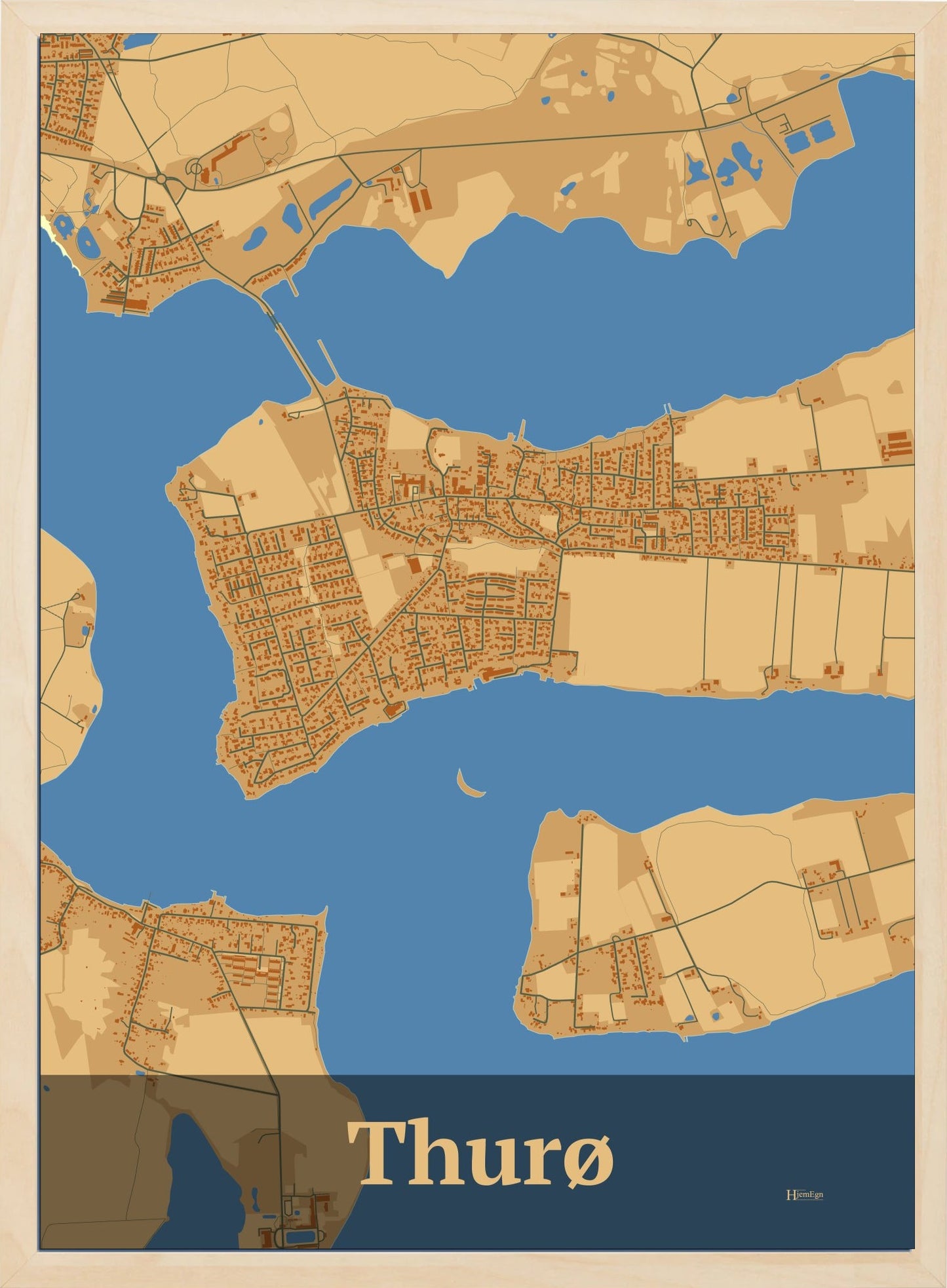 Thurø plakat i farve pastel brun og HjemEgn.dk design firkantet. Design bykort for Thurø