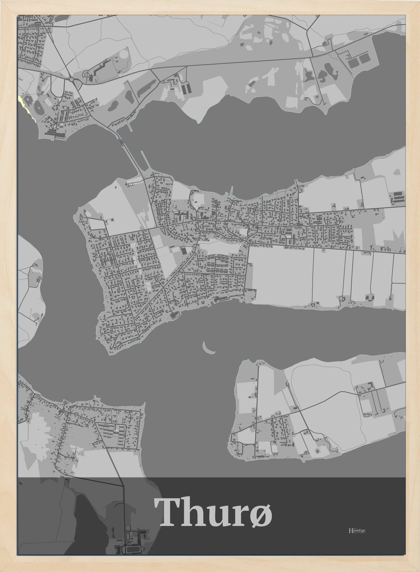 Thurø plakat i farve pastel grå og HjemEgn.dk design firkantet. Design bykort for Thurø