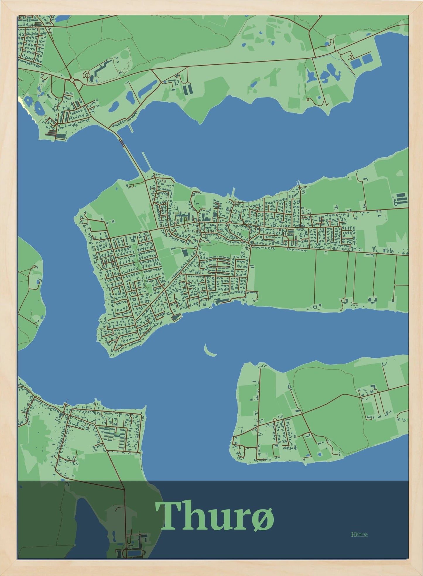 Thurø plakat i farve pastel grøn og HjemEgn.dk design firkantet. Design bykort for Thurø