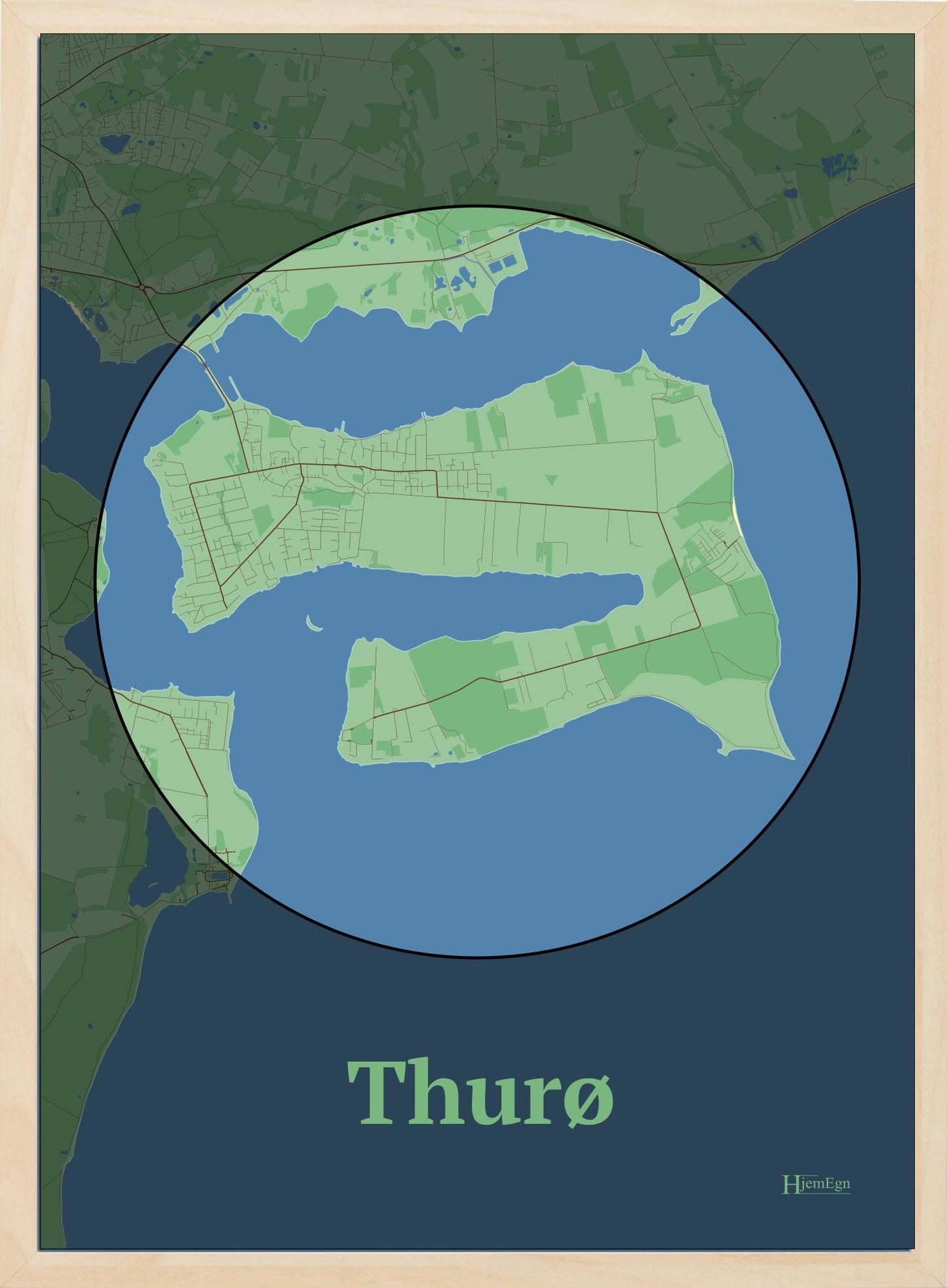 Thurø plakat i farve pastel grøn og HjemEgn.dk design centrum. Design ø-kort for Thurø