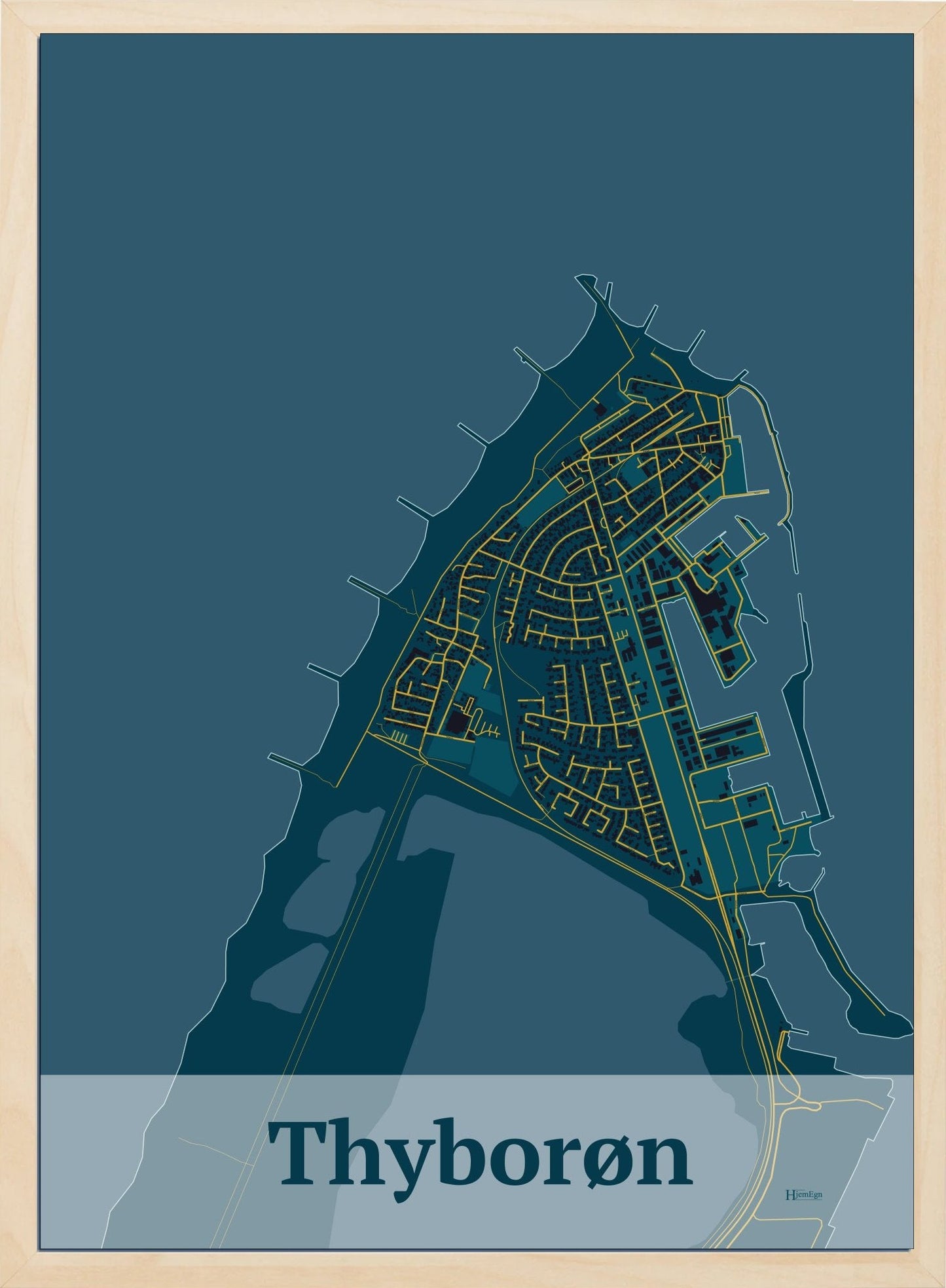 Thyborøn plakat i farve mørk blå og HjemEgn.dk design firkantet. Design bykort for Thyborøn