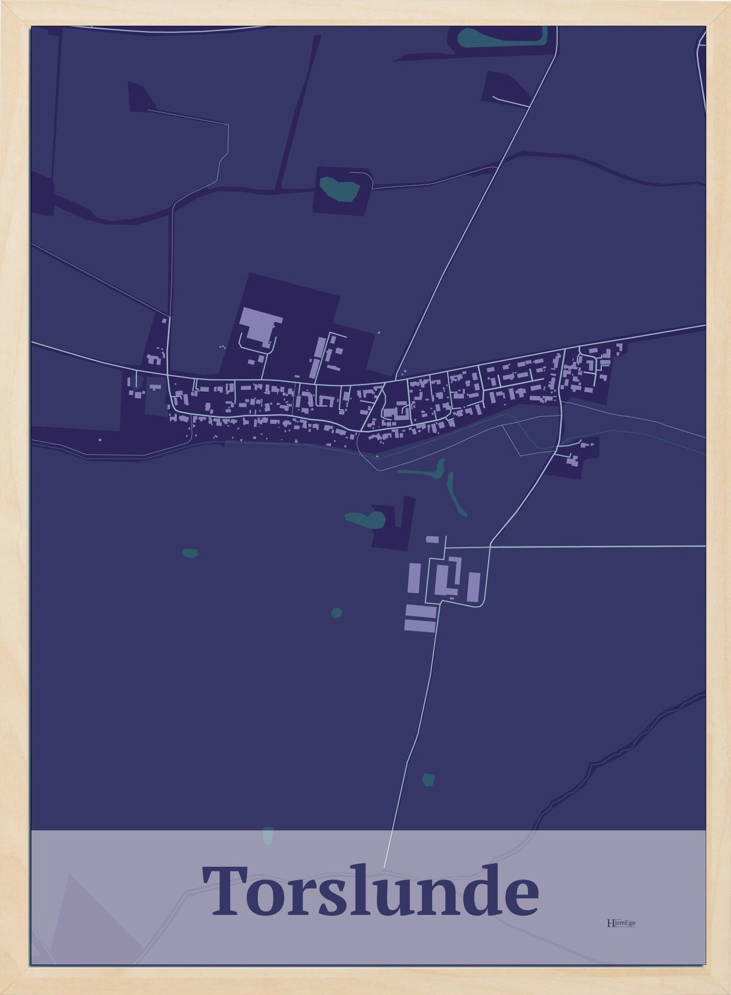 Torslunde plakat i farve mørk lilla og HjemEgn.dk design firkantet. Design bykort for Torslunde