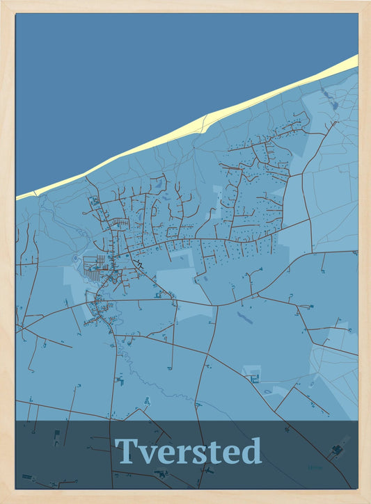 Tversted plakat i farve pastel blå og HjemEgn.dk design firkantet. Design bykort for Tversted