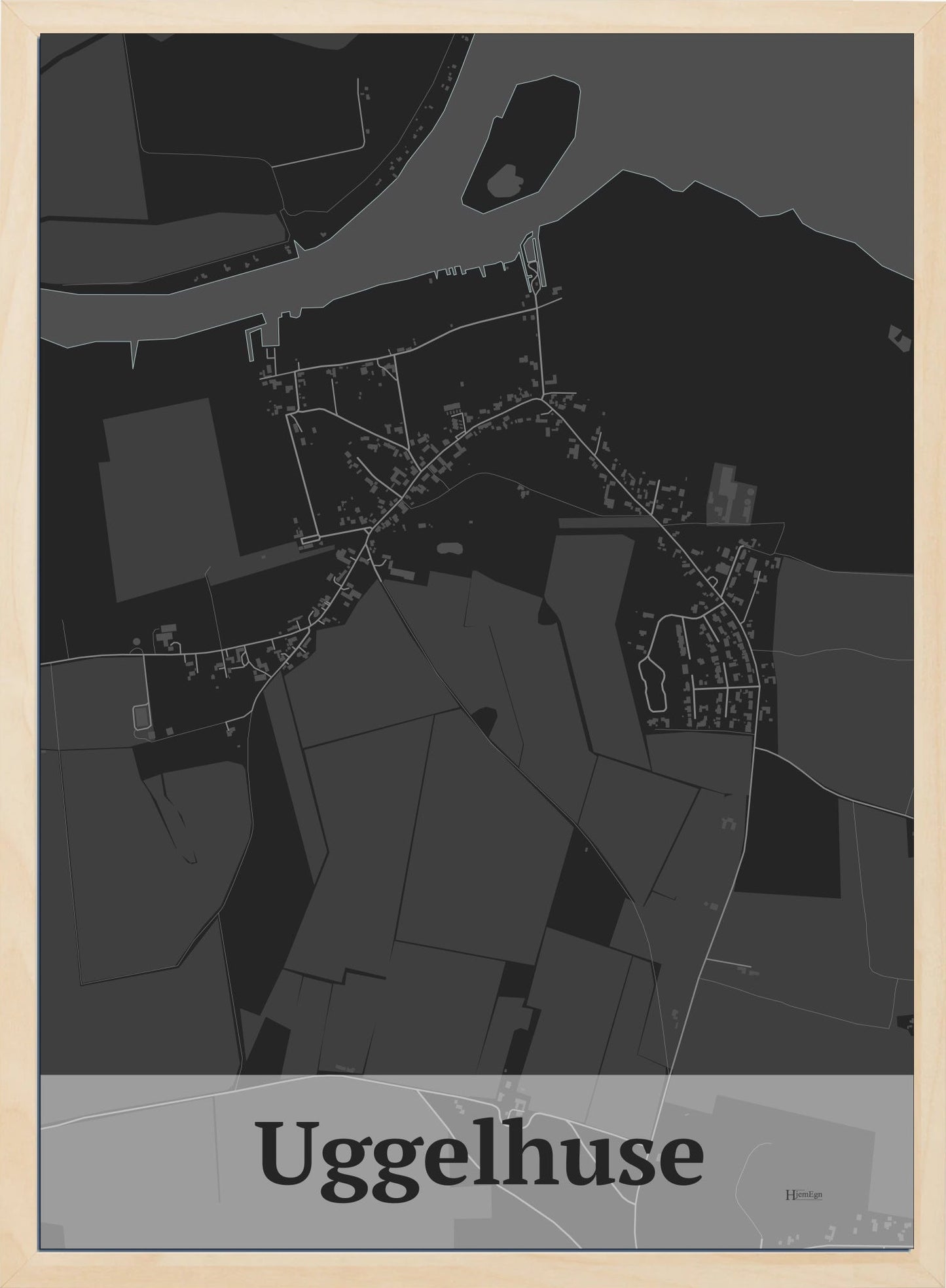Uggelhuse plakat i farve mørk grå og HjemEgn.dk design firkantet. Design bykort for Uggelhuse