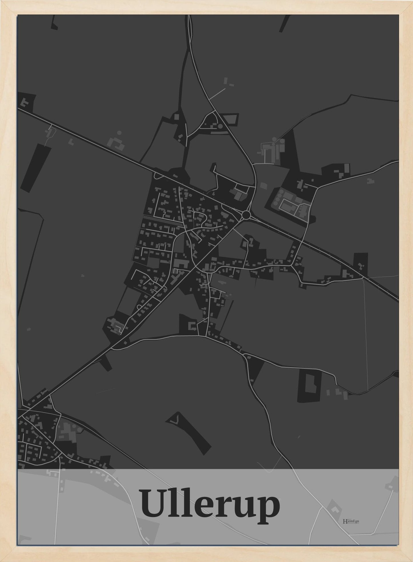 Ullerup plakat i farve mørk grå og HjemEgn.dk design firkantet. Design bykort for Ullerup