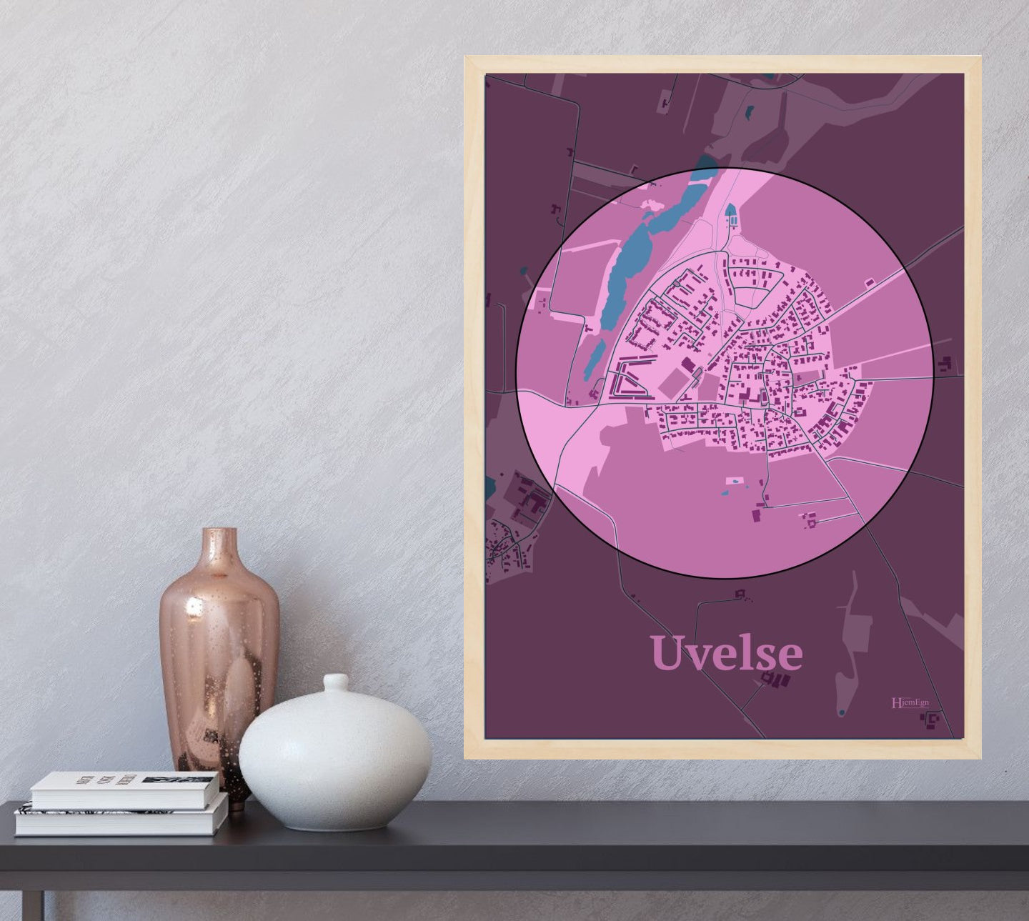 Uvelse plakat i farve og HjemEgn.dk design centrum. Design bykort for Uvelse