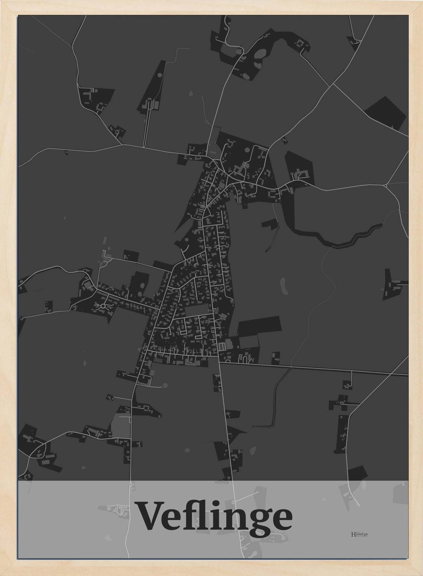Veflinge plakat i farve mørk grå og HjemEgn.dk design firkantet. Design bykort for Veflinge