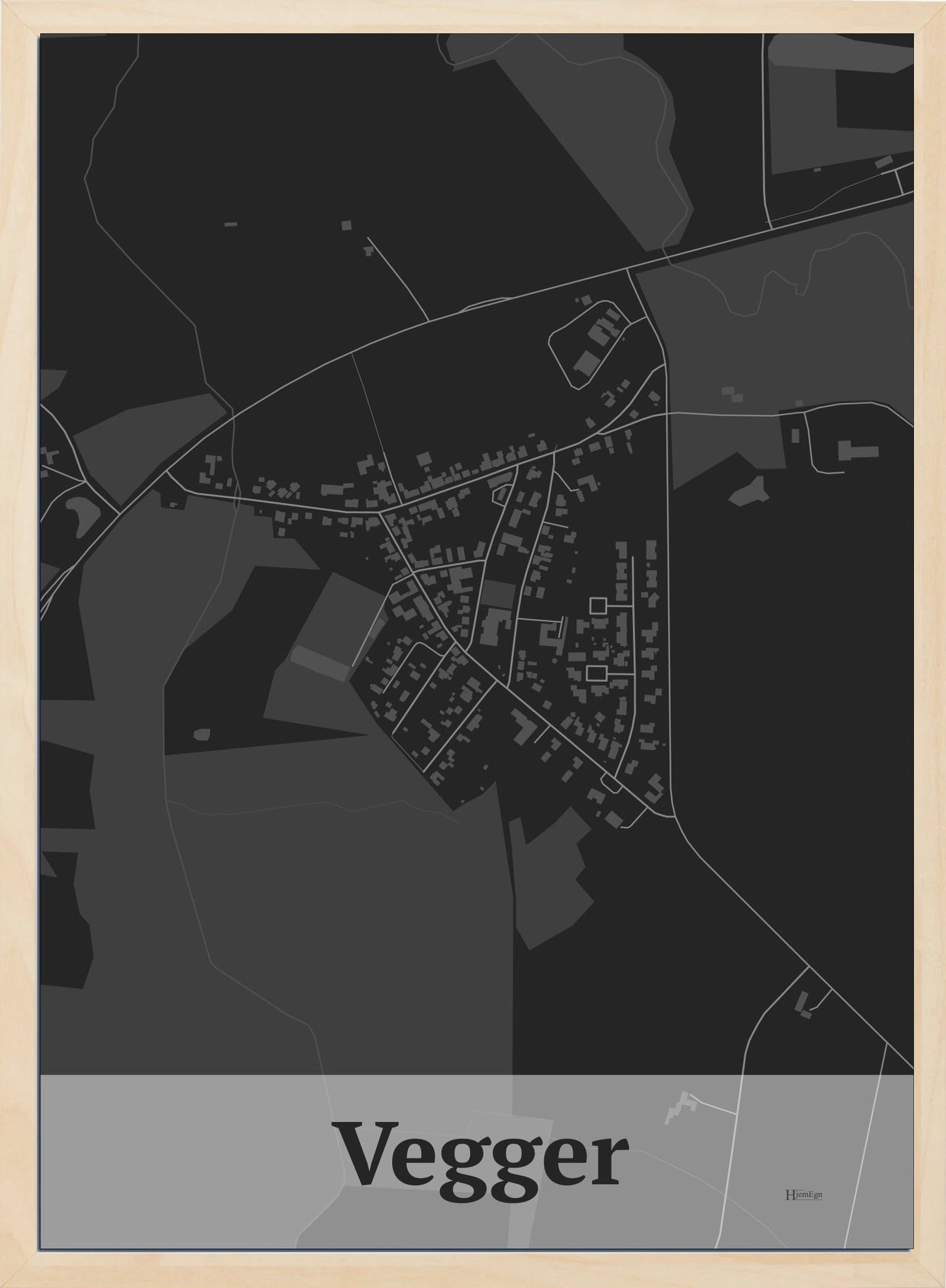 Vegger plakat i farve mørk grå og HjemEgn.dk design firkantet. Design bykort for Vegger
