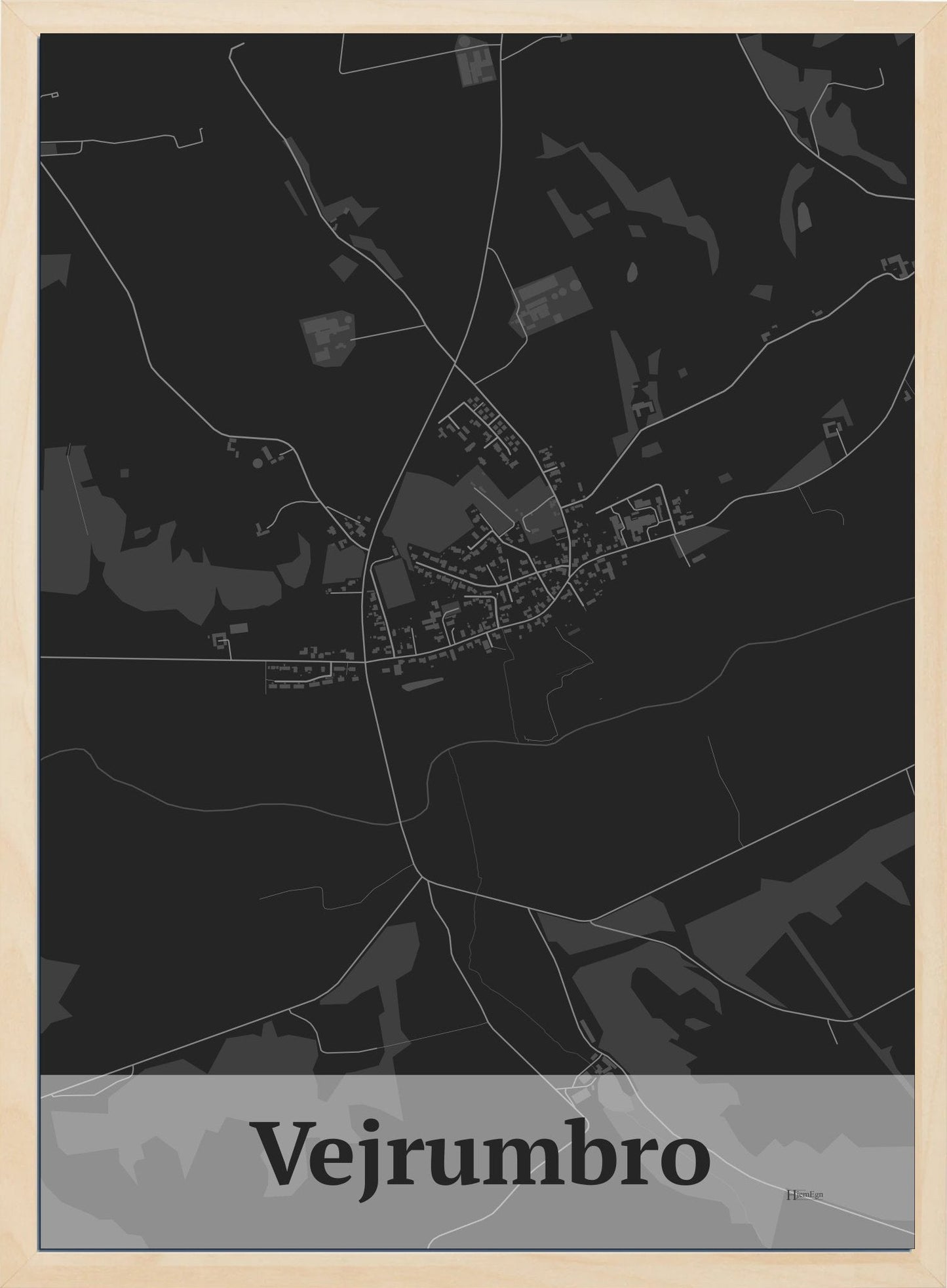 Vejrumbro plakat i farve mørk grå og HjemEgn.dk design firkantet. Design bykort for Vejrumbro