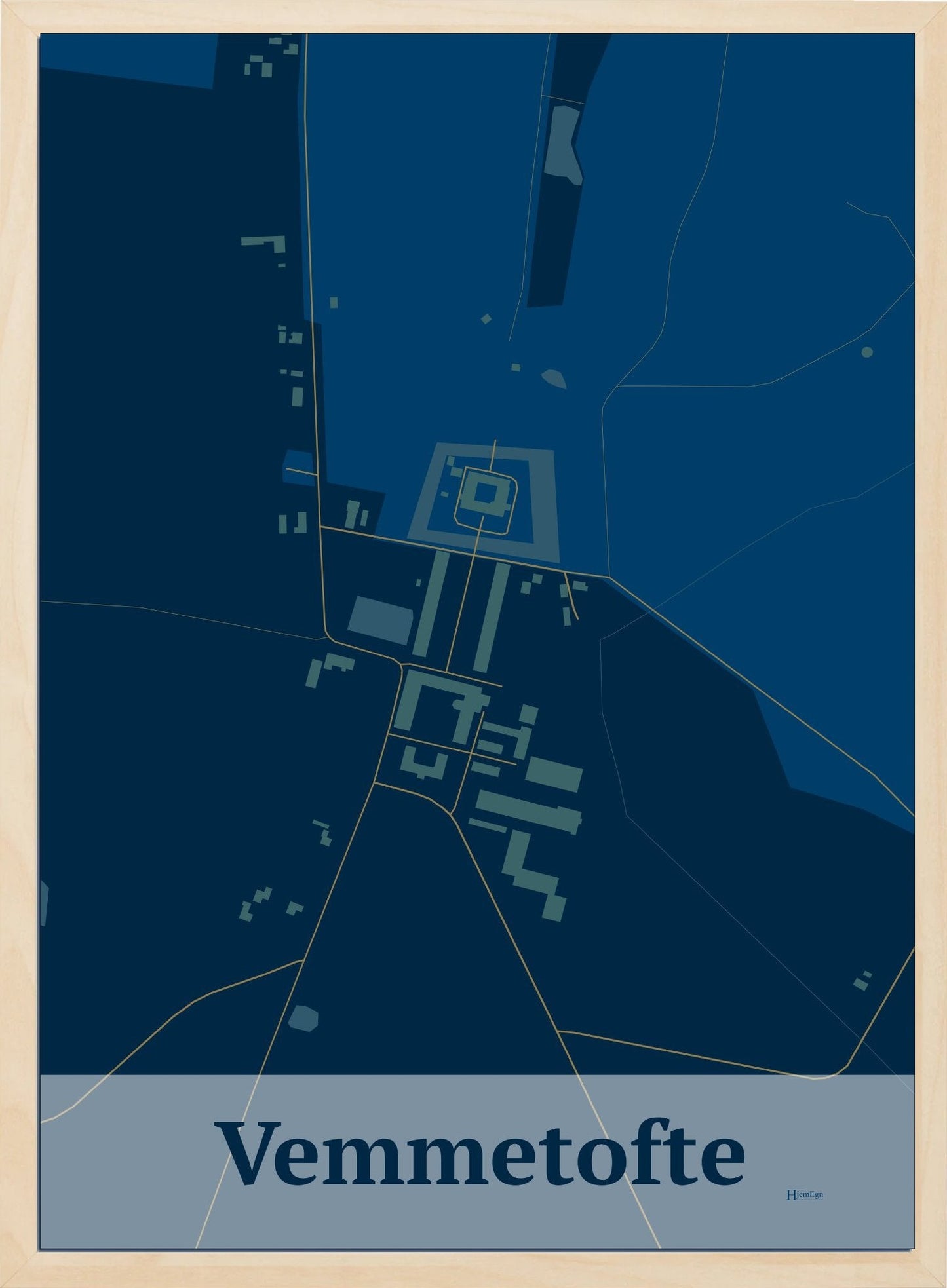 Vemmetofte plakat i farve mørk blå og HjemEgn.dk design firkantet. Design bykort for Vemmetofte