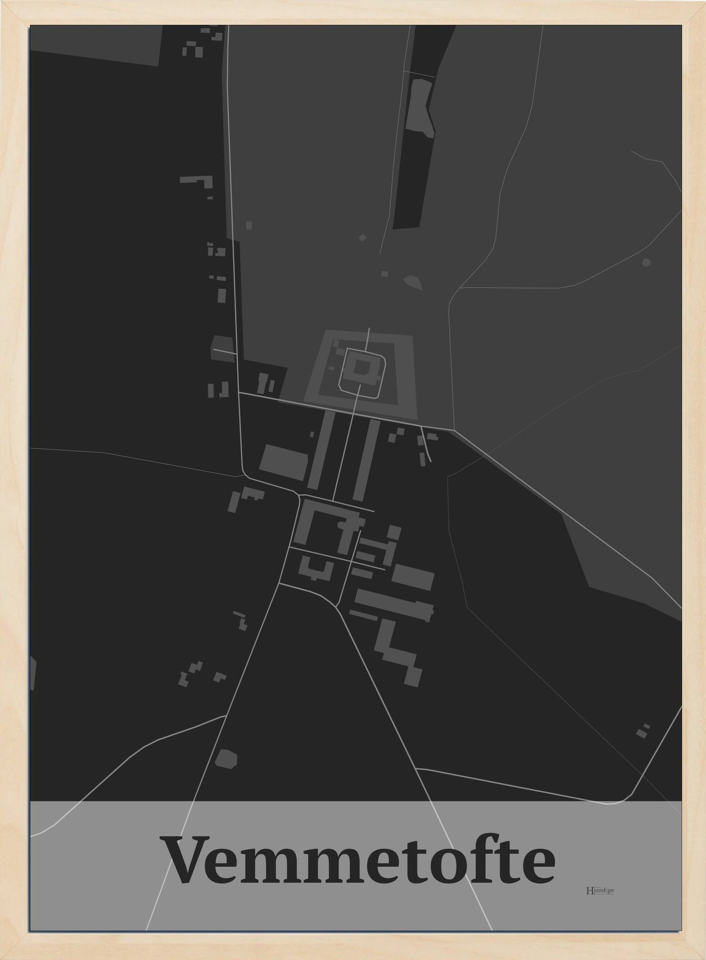 Vemmetofte plakat i farve mørk grå og HjemEgn.dk design firkantet. Design bykort for Vemmetofte