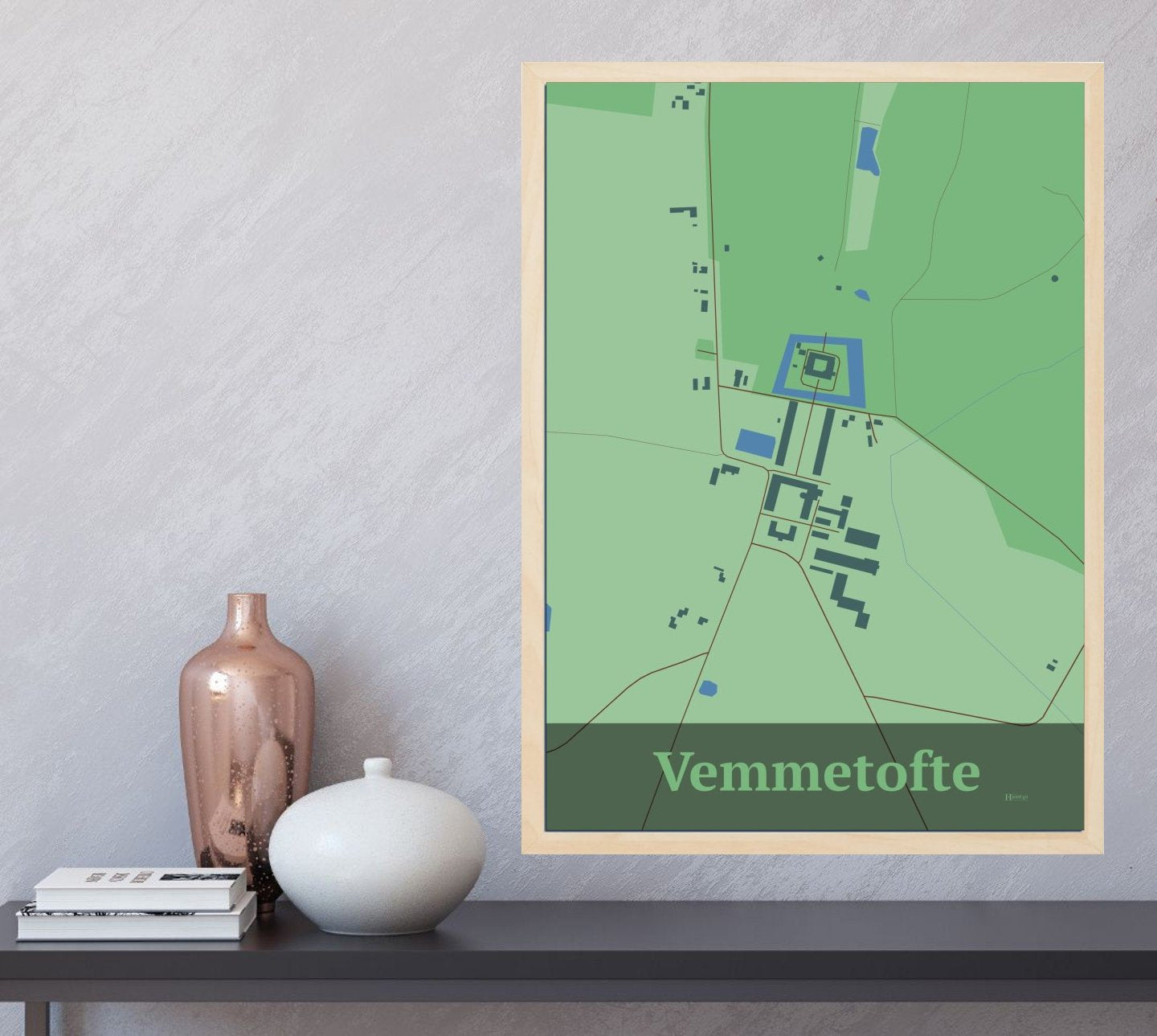 Vemmetofte plakat i farve og HjemEgn.dk design firkantet. Design bykort for Vemmetofte