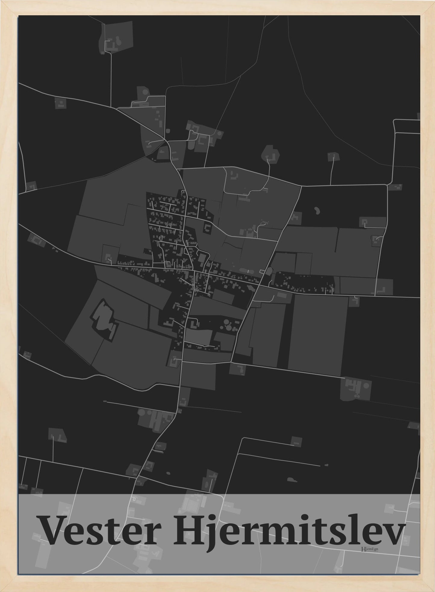 Vester Hjermitslev plakat i farve mørk grå og HjemEgn.dk design firkantet. Design bykort for Vester Hjermitslev