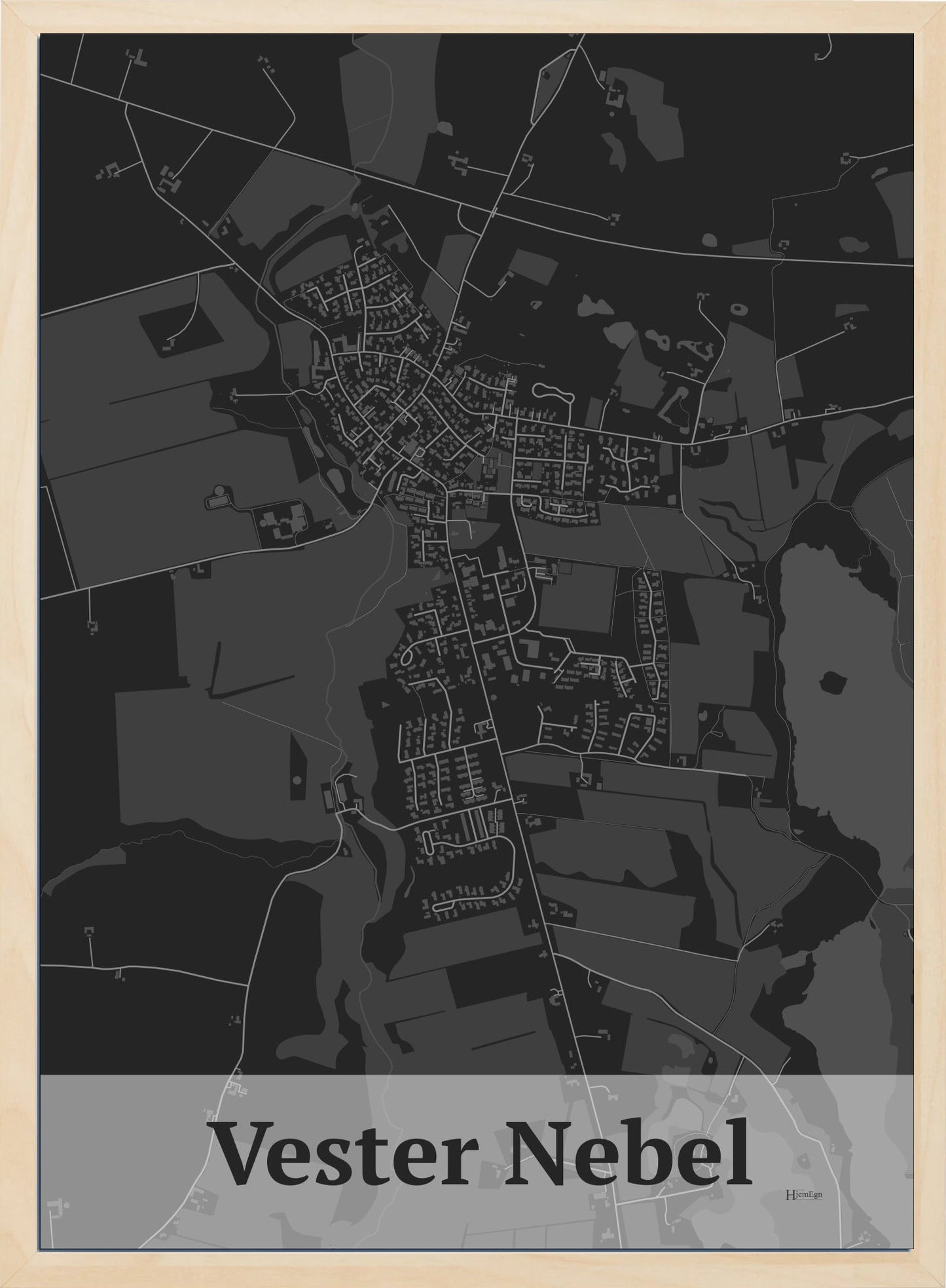 Vester Nebel plakat i farve mørk grå og HjemEgn.dk design firkantet. Design bykort for Vester Nebel