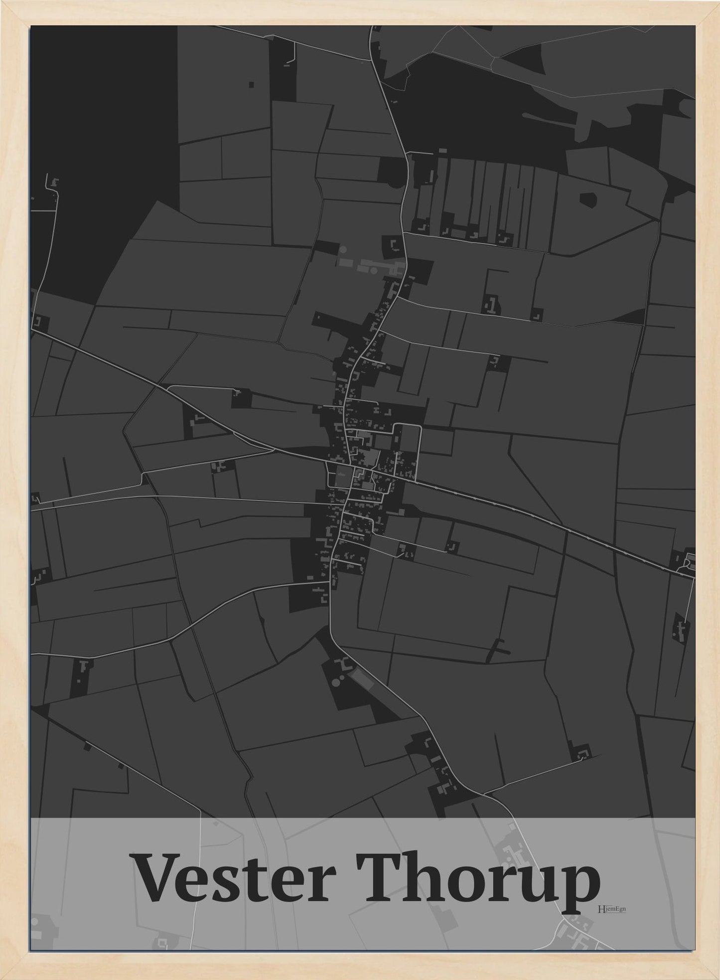 Vester Thorup plakat i farve mørk grå og HjemEgn.dk design firkantet. Design bykort for Vester Thorup