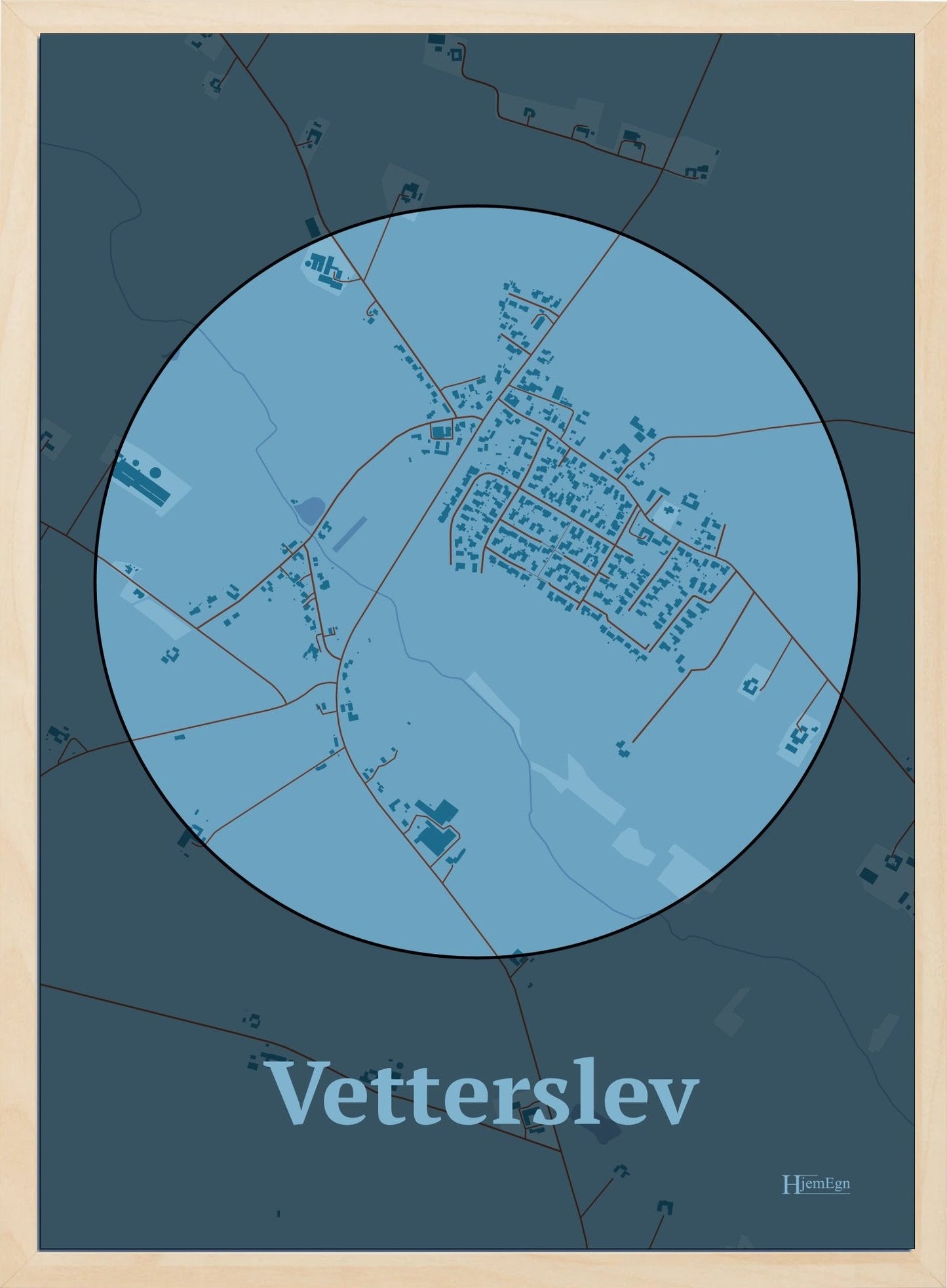 Vetterslev plakat i farve pastel blå og HjemEgn.dk design centrum. Design bykort for Vetterslev