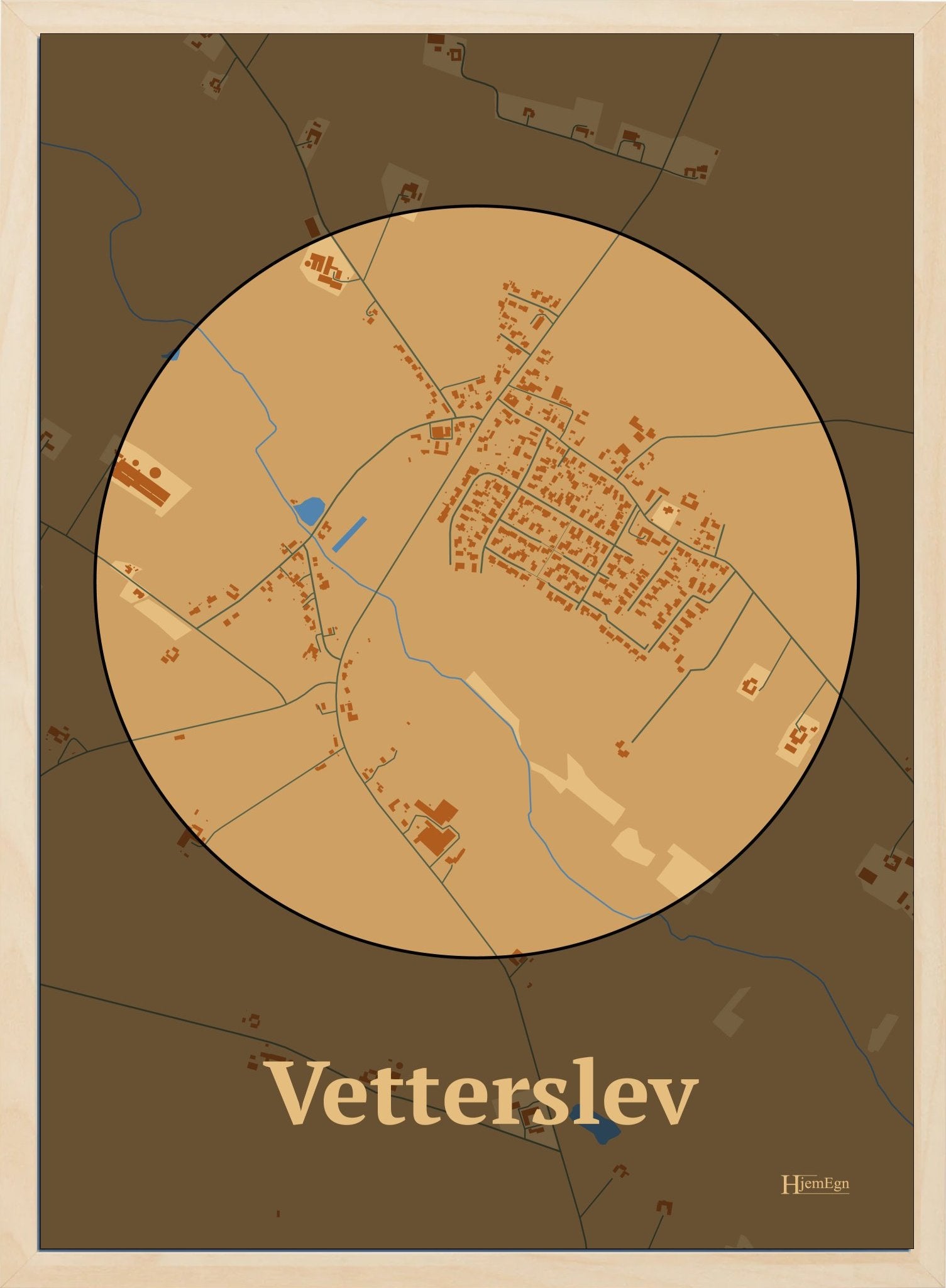 Vetterslev plakat i farve pastel brun og HjemEgn.dk design centrum. Design bykort for Vetterslev