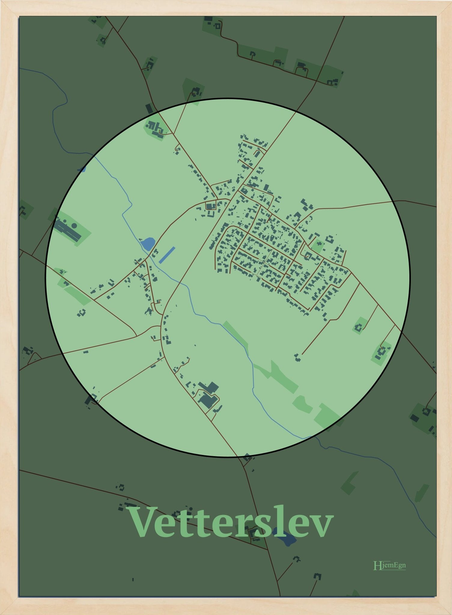 Vetterslev plakat i farve pastel grøn og HjemEgn.dk design centrum. Design bykort for Vetterslev
