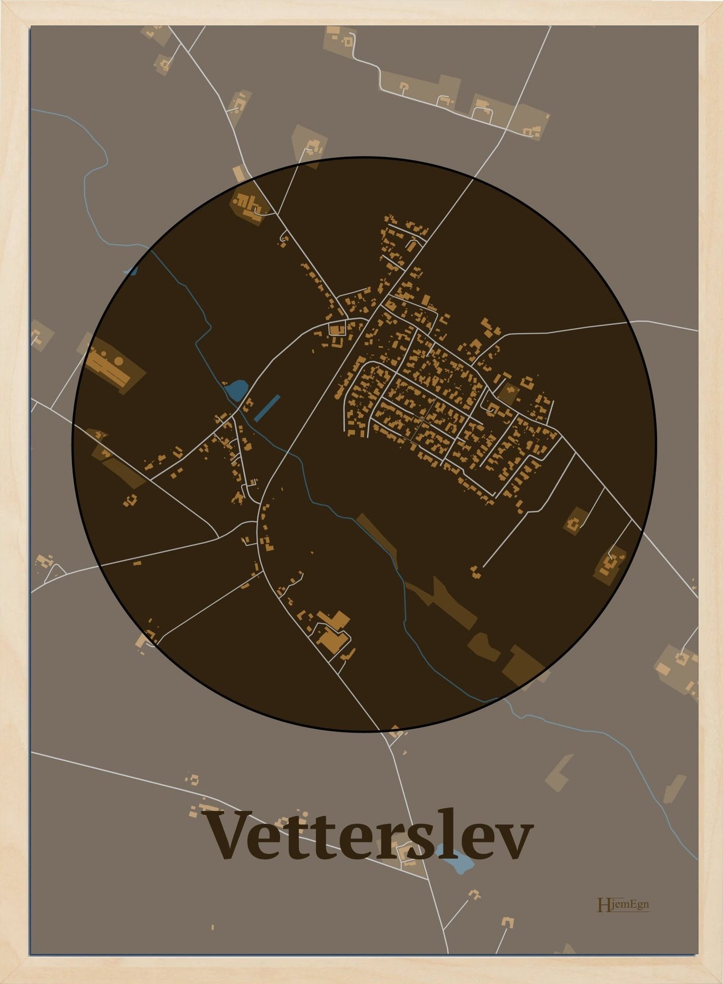 Vetterslev plakat i farve mørk brun og HjemEgn.dk design centrum. Design bykort for Vetterslev