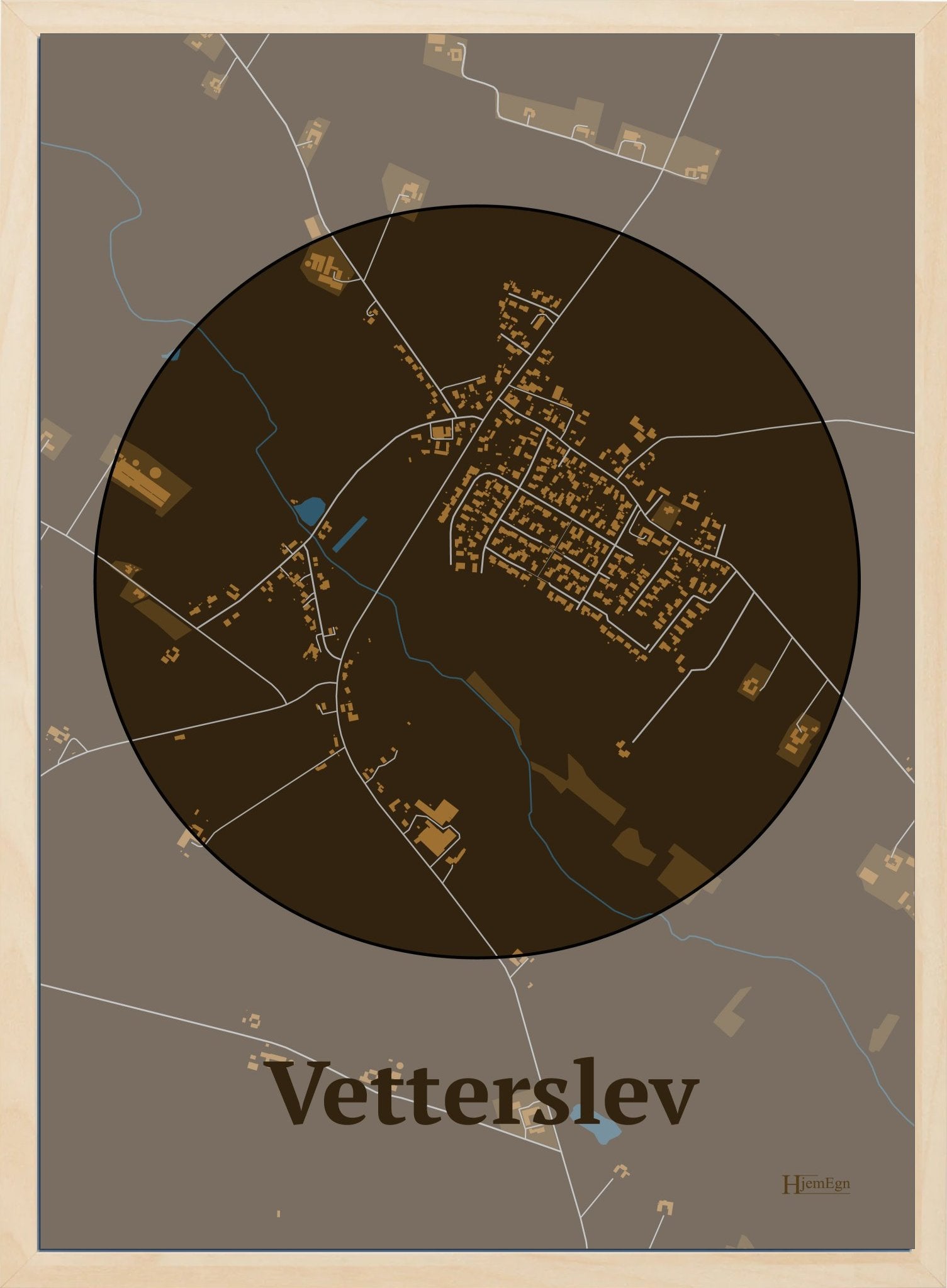 Vetterslev plakat i farve mørk brun og HjemEgn.dk design centrum. Design bykort for Vetterslev