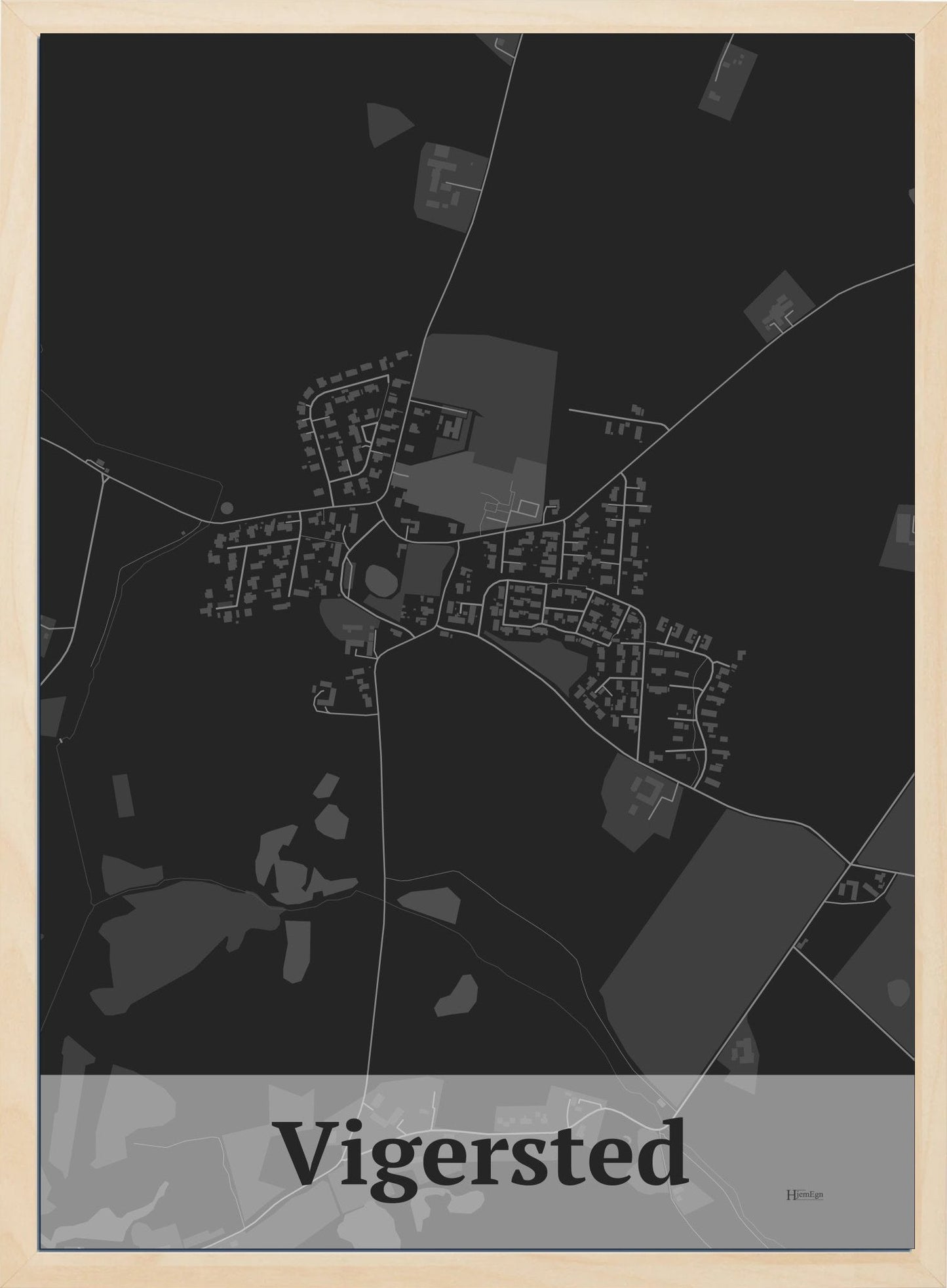 Vigersted plakat i farve mørk grå og HjemEgn.dk design firkantet. Design bykort for Vigersted