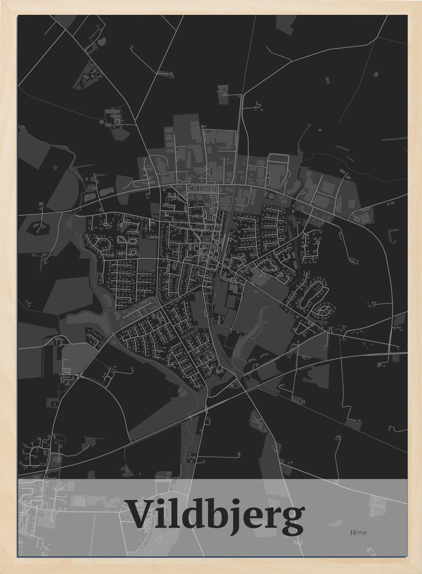 Vildbjerg plakat i farve mørk grå og HjemEgn.dk design firkantet. Design bykort for Vildbjerg