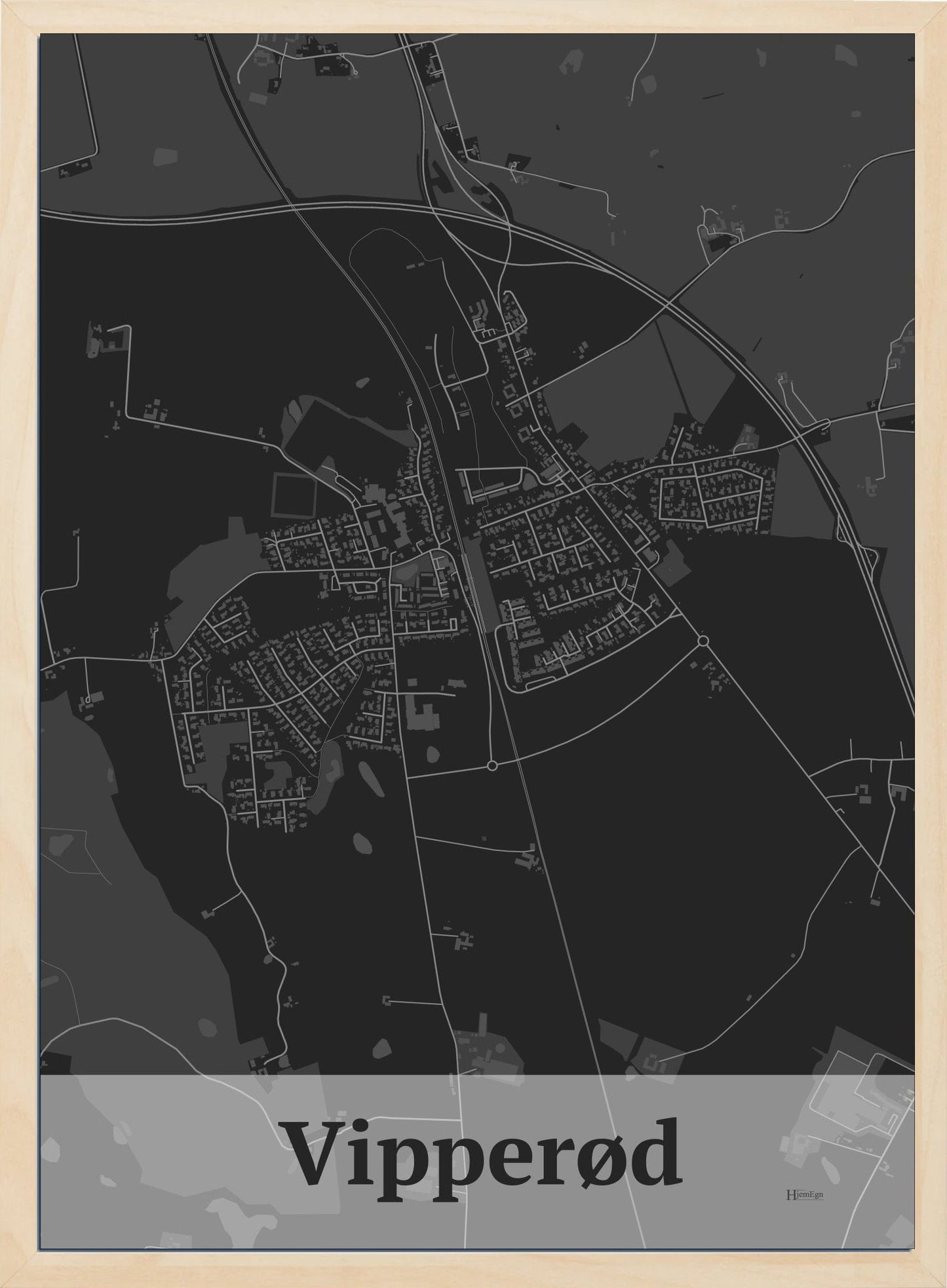 Vipperød plakat i farve mørk grå og HjemEgn.dk design firkantet. Design bykort for Vipperød