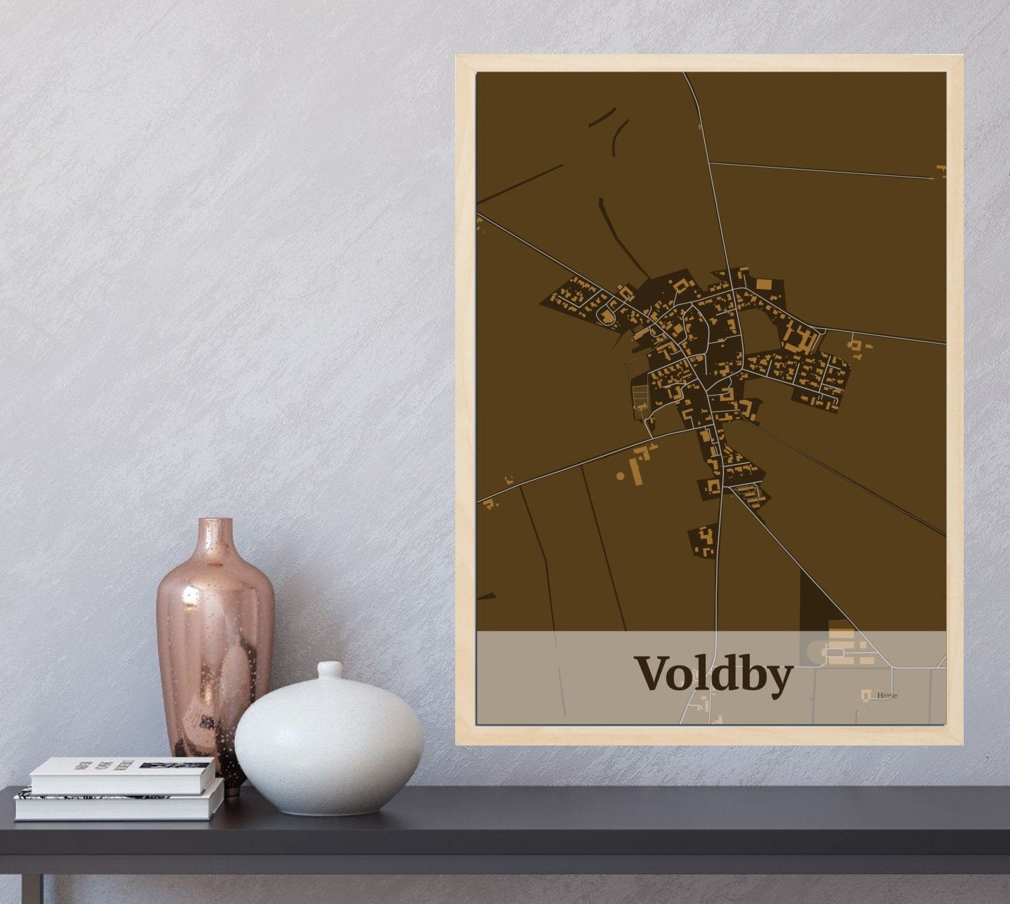 Voldby plakat i farve og HjemEgn.dk design firkantet. Design bykort for Voldby