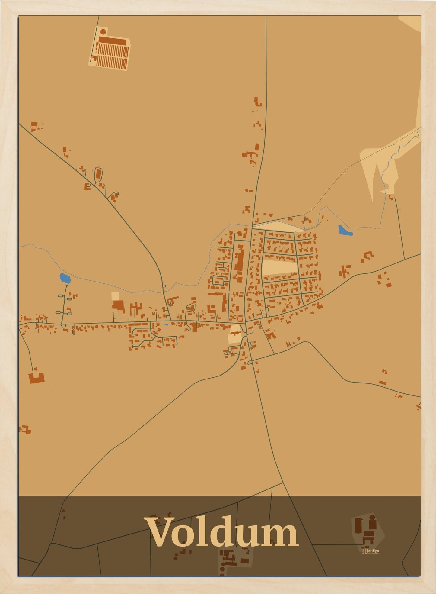 Voldum plakat i farve pastel brun og HjemEgn.dk design firkantet. Design bykort for Voldum