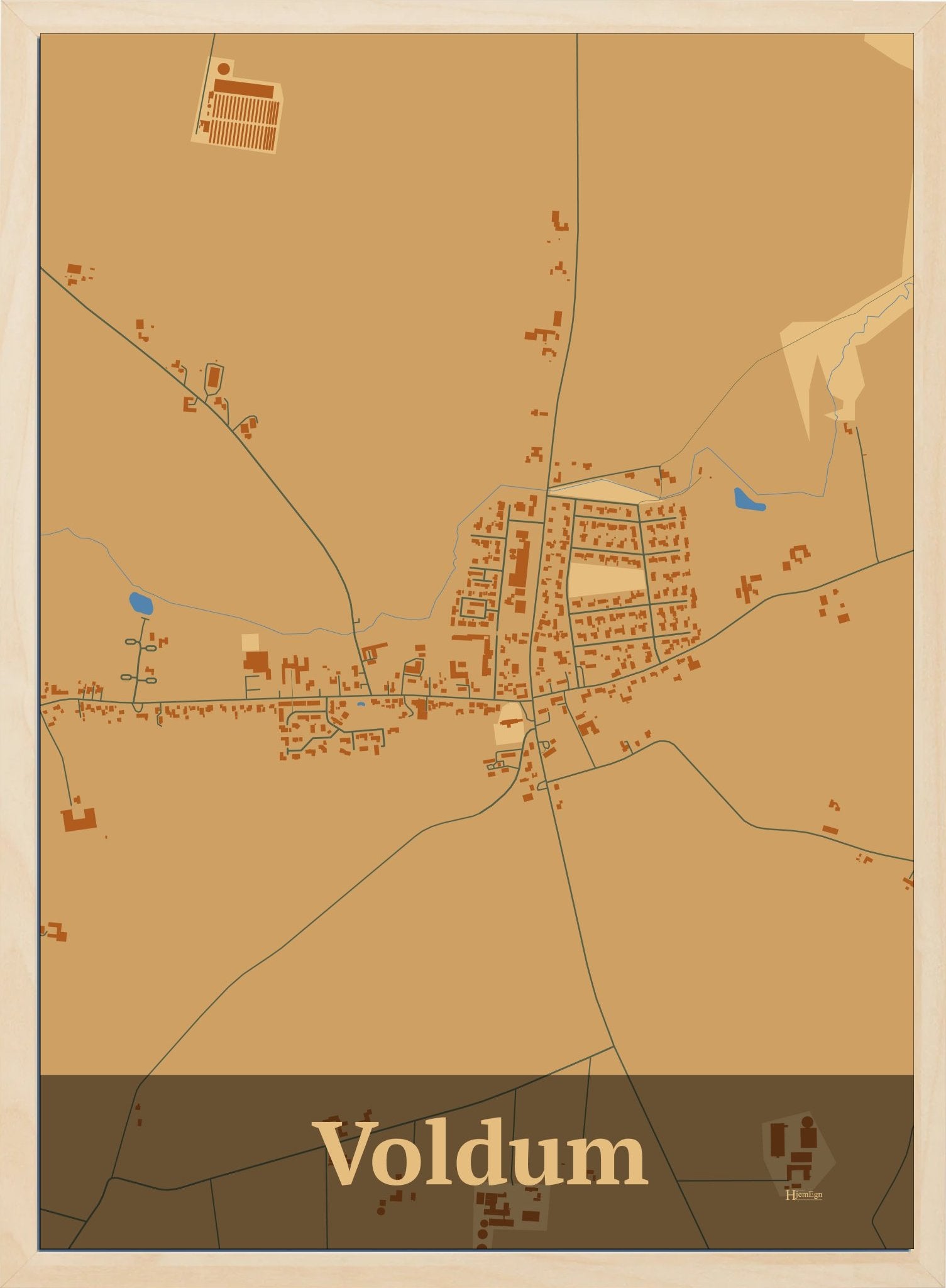 Voldum plakat i farve pastel brun og HjemEgn.dk design firkantet. Design bykort for Voldum