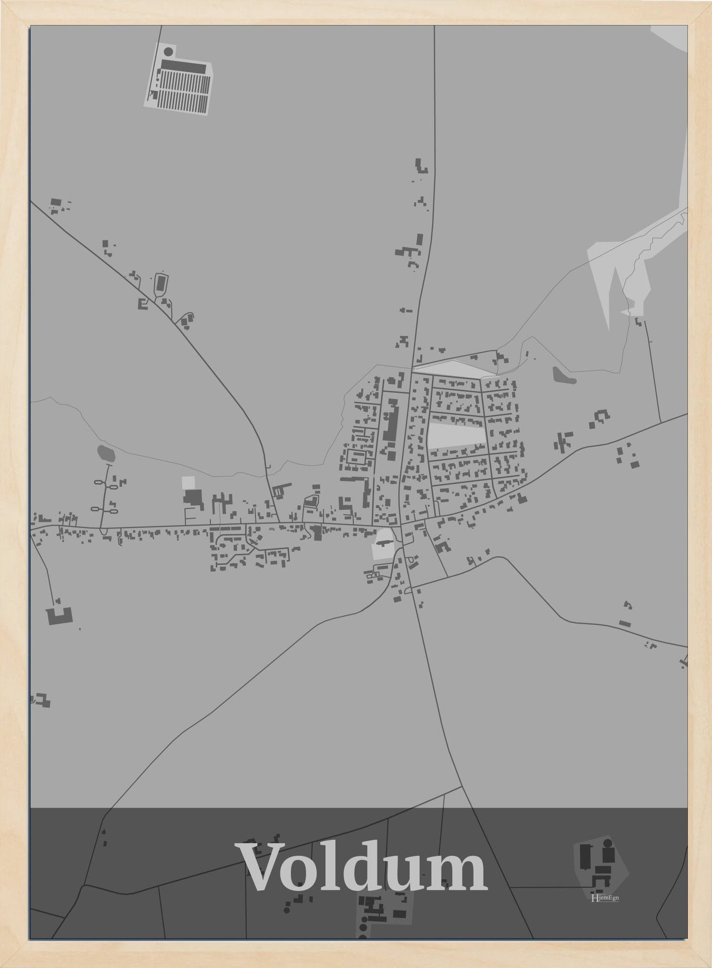 Voldum plakat i farve pastel grå og HjemEgn.dk design firkantet. Design bykort for Voldum