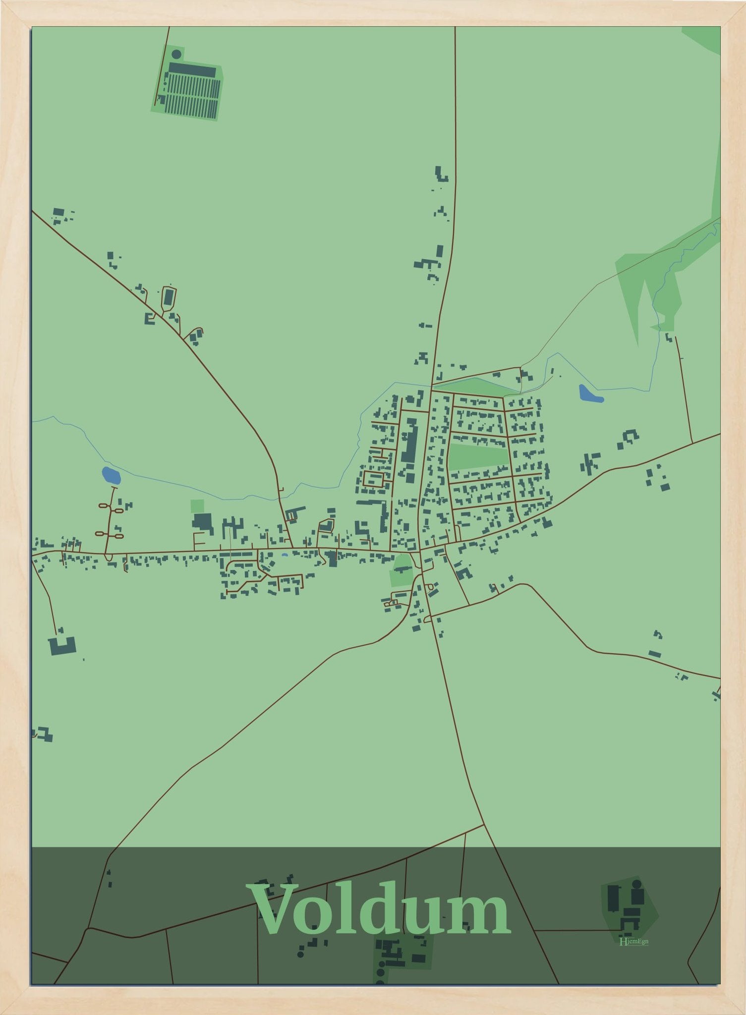 Voldum plakat i farve pastel grøn og HjemEgn.dk design firkantet. Design bykort for Voldum