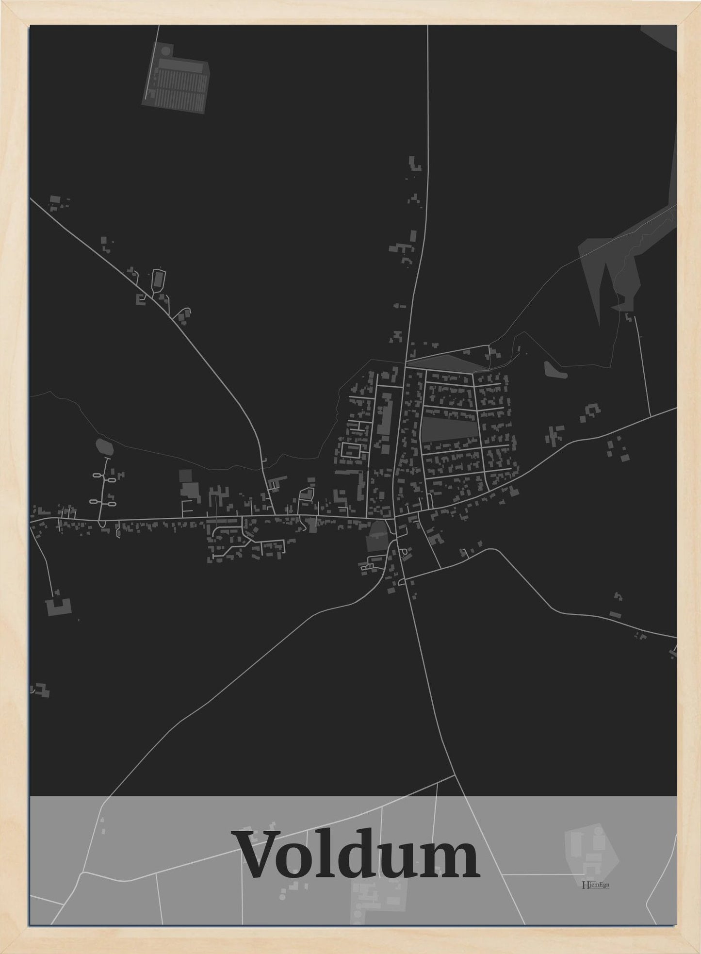 Voldum plakat i farve mørk grå og HjemEgn.dk design firkantet. Design bykort for Voldum