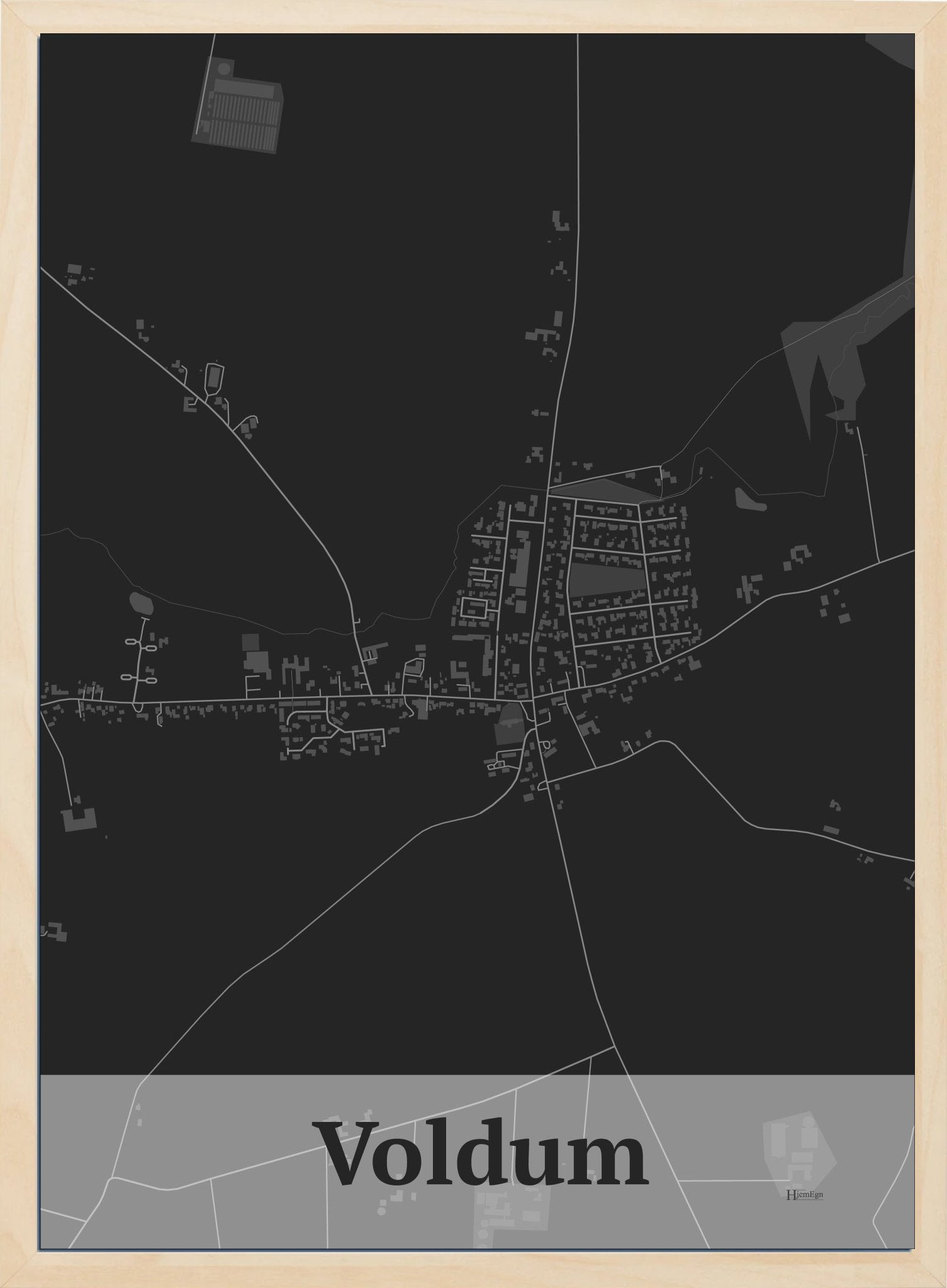 Voldum plakat i farve mørk grå og HjemEgn.dk design firkantet. Design bykort for Voldum