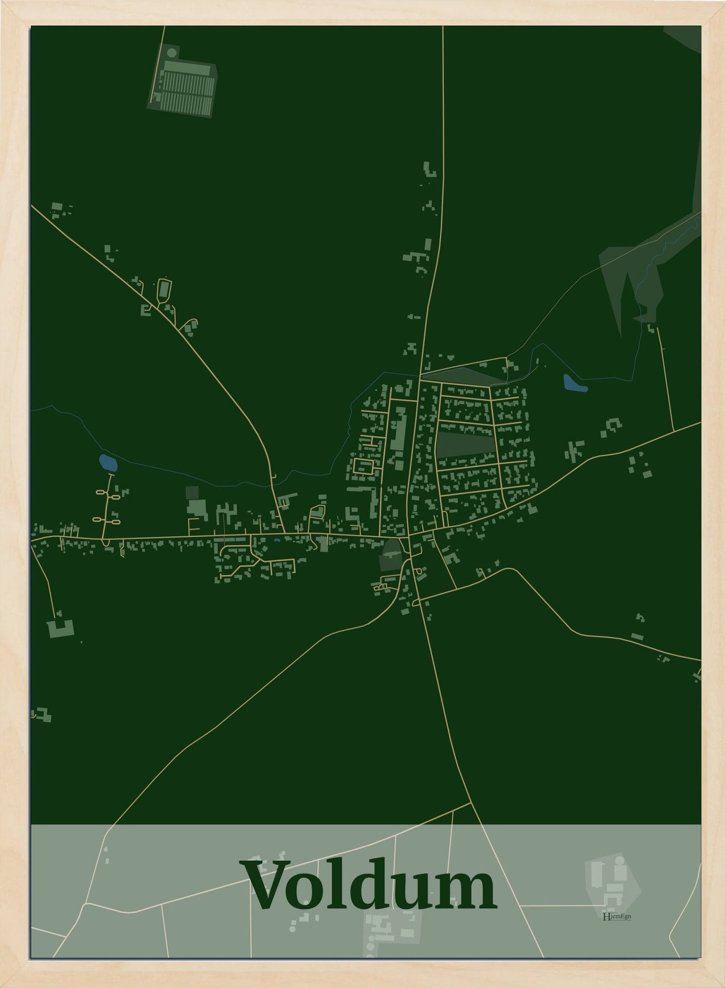 Voldum plakat i farve mørk grøn og HjemEgn.dk design firkantet. Design bykort for Voldum