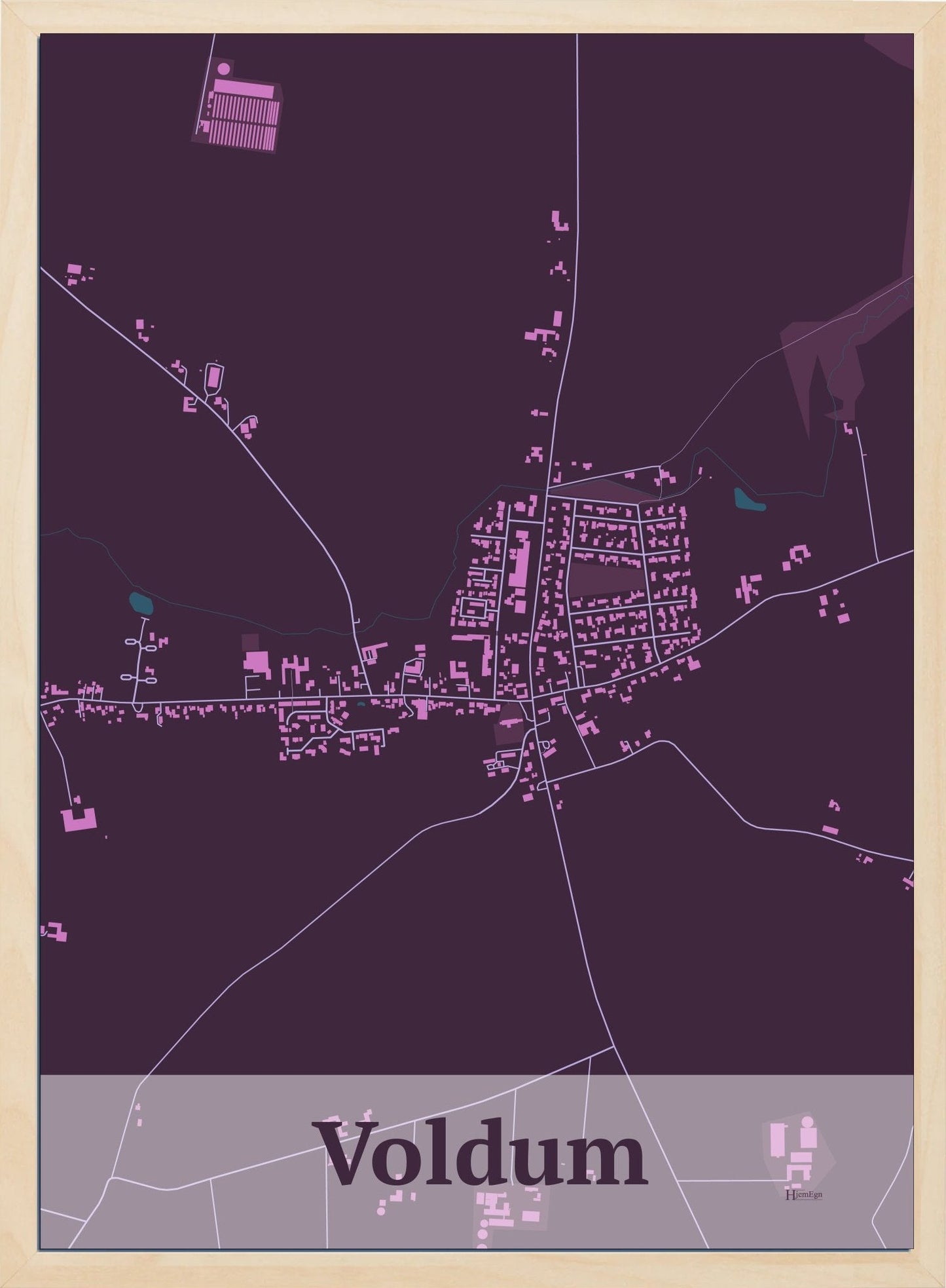 Voldum plakat i farve mørk rød og HjemEgn.dk design firkantet. Design bykort for Voldum