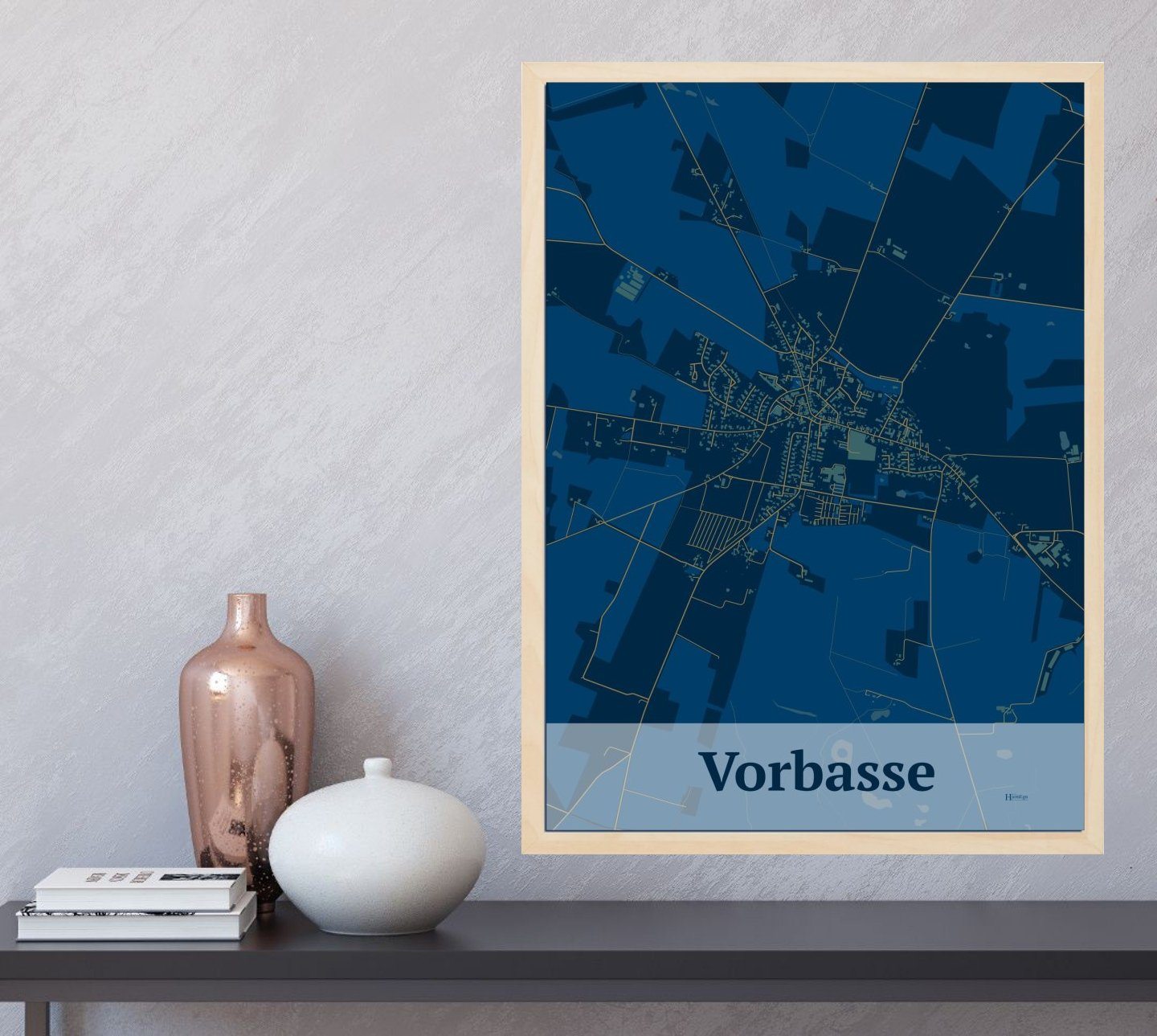 Vorbasse plakat i farve og HjemEgn.dk design firkantet. Design bykort for Vorbasse