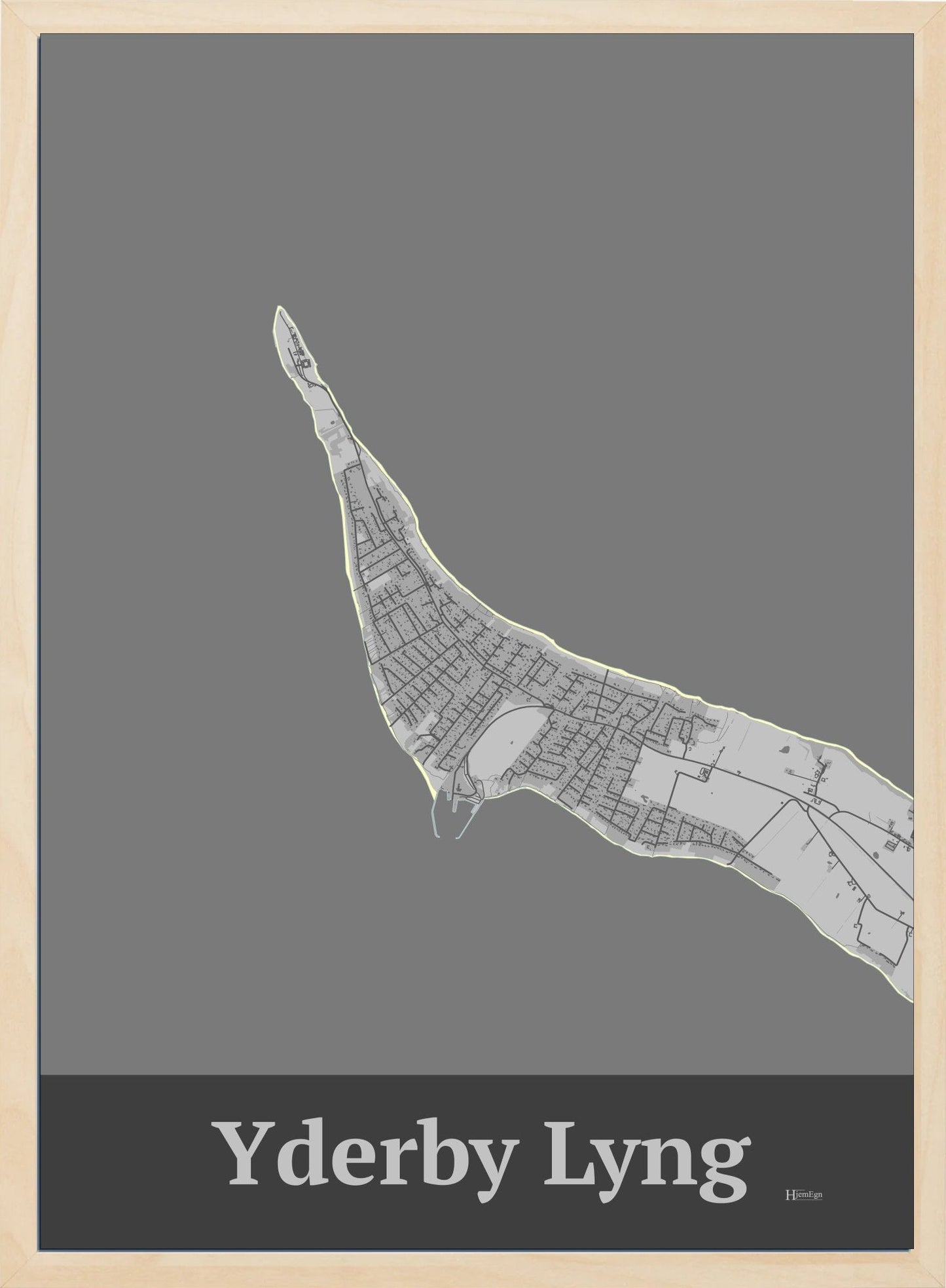 Yderby Lyng plakat i farve pastel grå og HjemEgn.dk design firkantet. Design bykort for Yderby Lyng