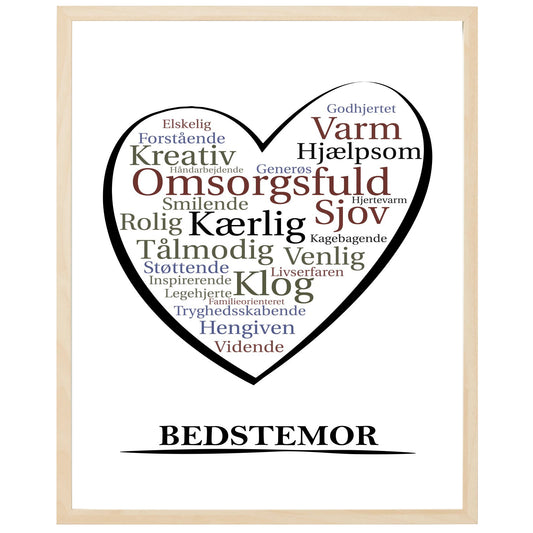 En plakat med overskriften Bedstemor, et hjerte og indeni hjertet mange positive ord som beskriver en Bedstemor