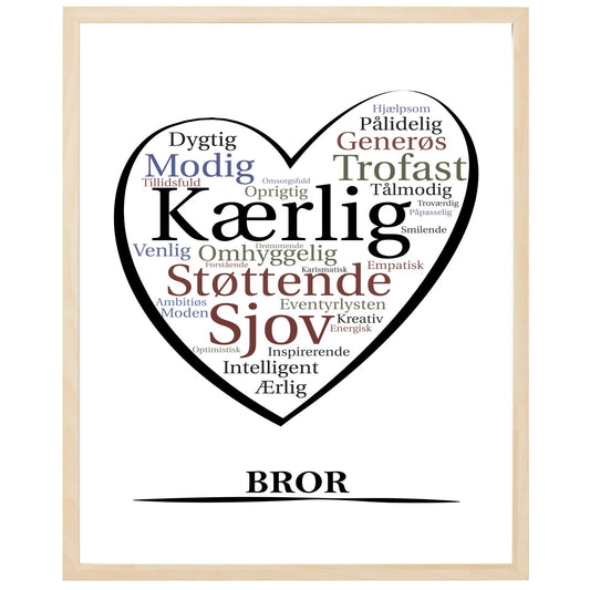 En plakat med overskriften Bror, et hjerte og indeni hjertet mange positive ord som beskriver en Bror