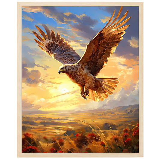 Beskrivelse: Dette billede viser en hedehøg, der svæver over et åbent landskab. Høgen har brunt og hvidt fjerdragt, der glimter i solens stråler. Den kigger ned mod jorden og ser koncentreret ud, som om den leder efter bytte. Dens vinger er spredt ud, og fjerene har fine detaljer. Baggrunden er malerisk med farverige blomster og bevægende græs. Billedet fanger høgens elegante og stolte udtryk og bringer beskueren tættere på naturens skønhed og biodiversitet.